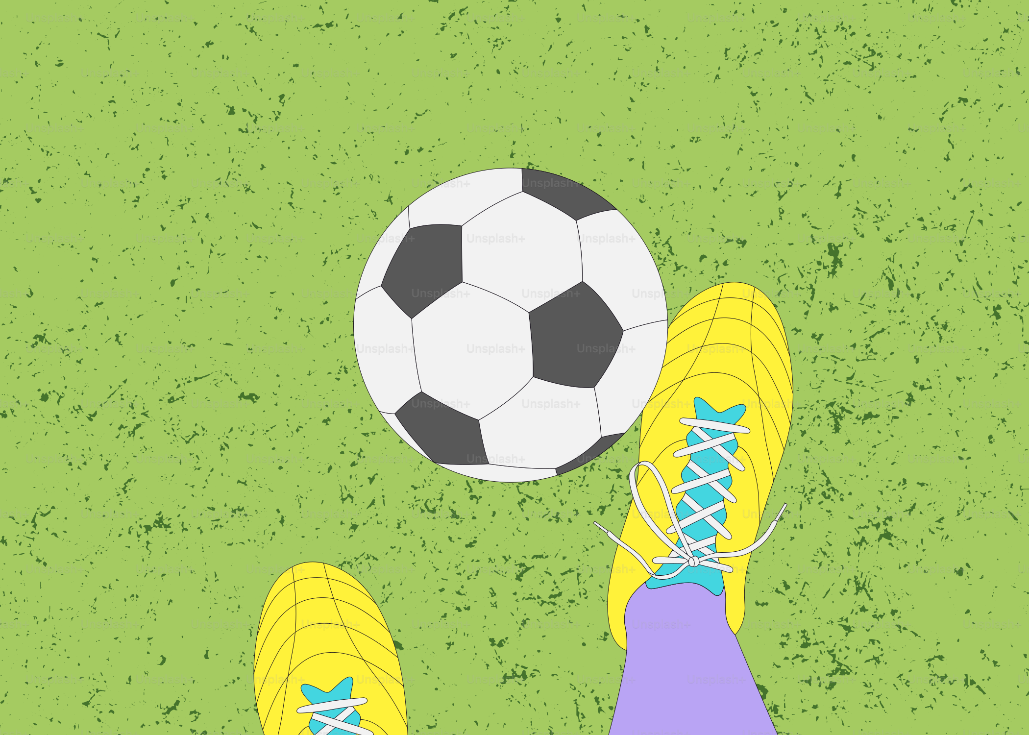 Soccer ball and yellow cleats on green grass