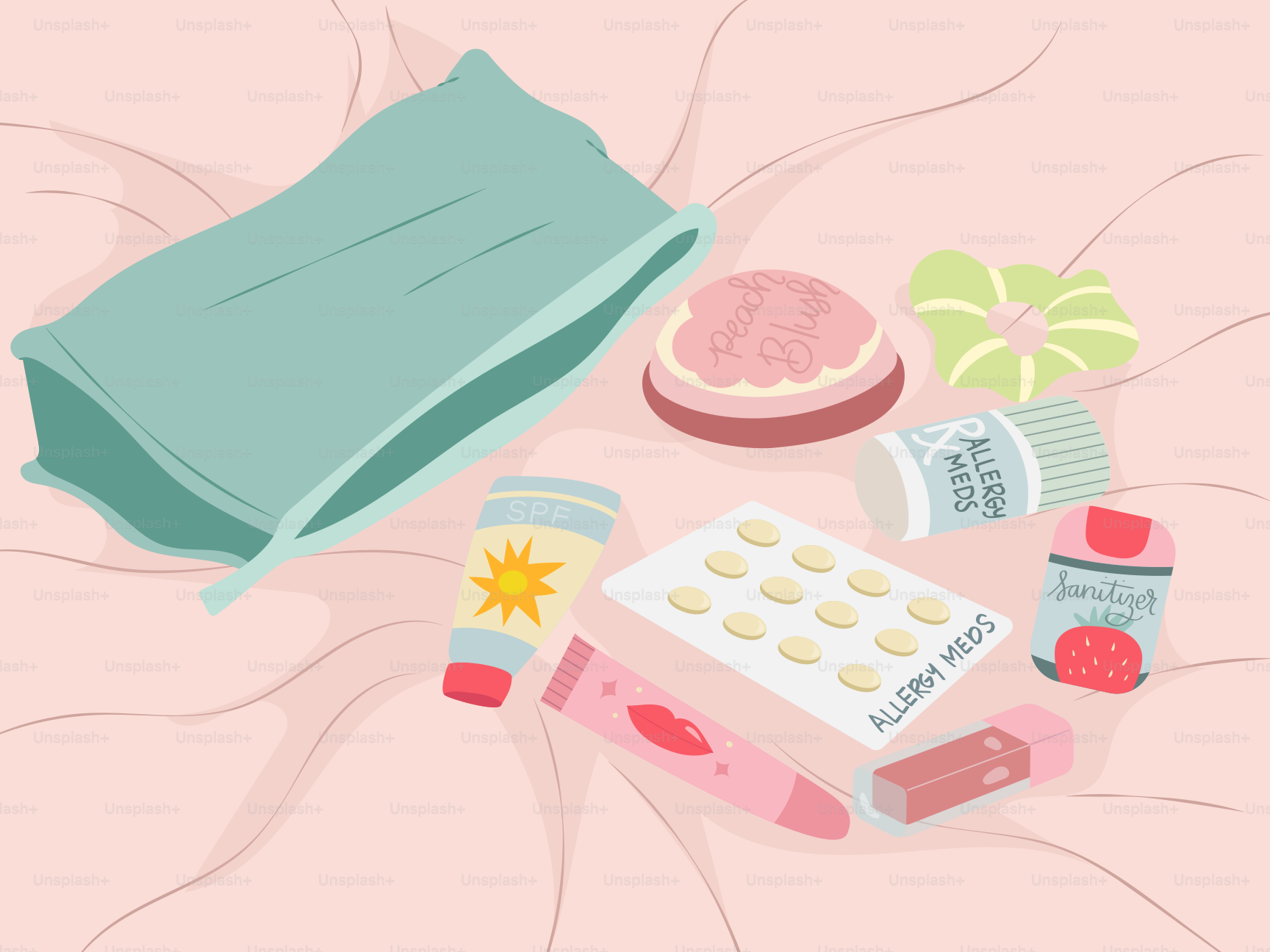 Allergiemedikamente, Sonnencreme und persönliche Gegenstände auf rosa Bettwäsche