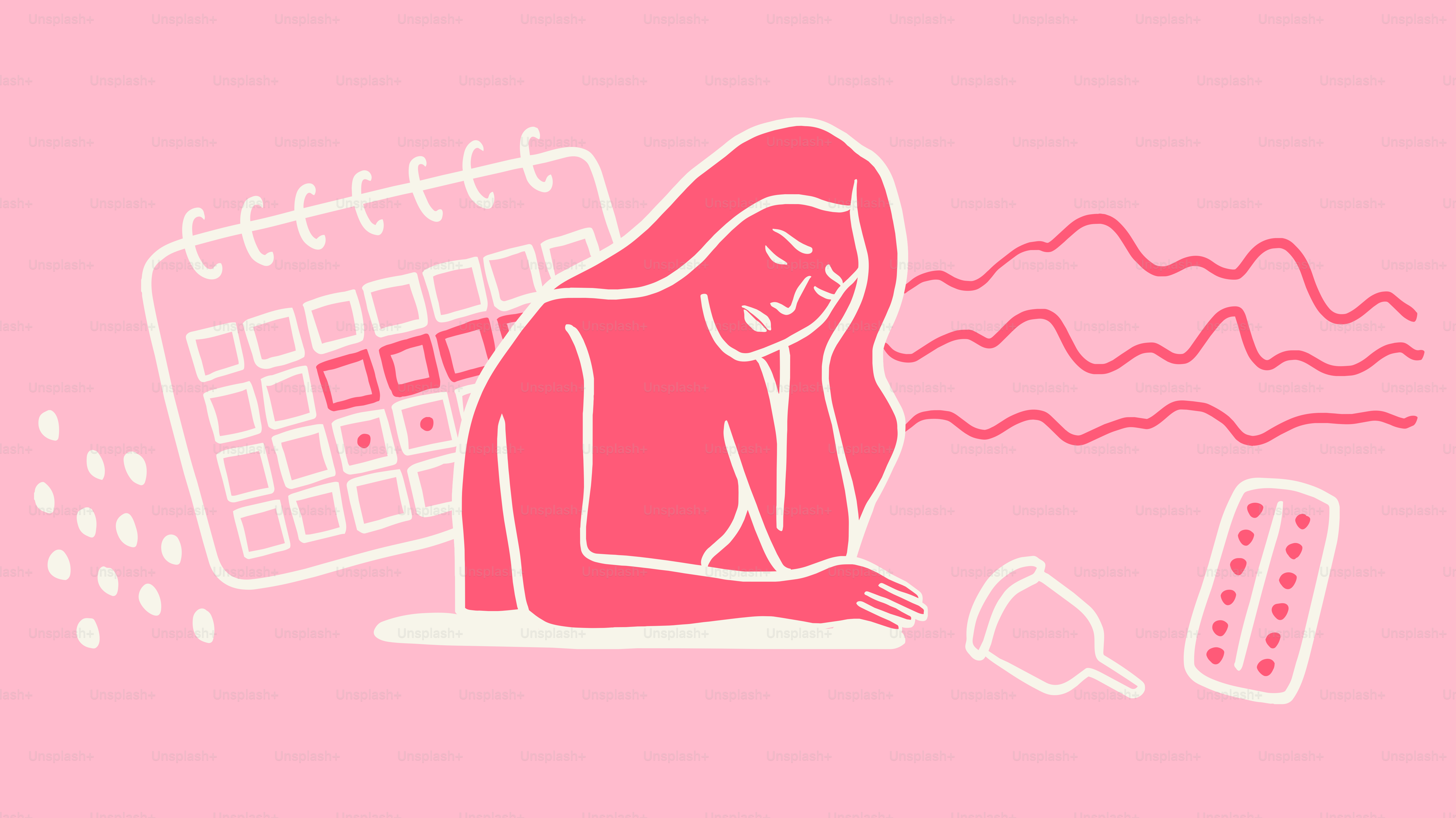 Mujer angustiada con calendario, copa menstrual y pastillas