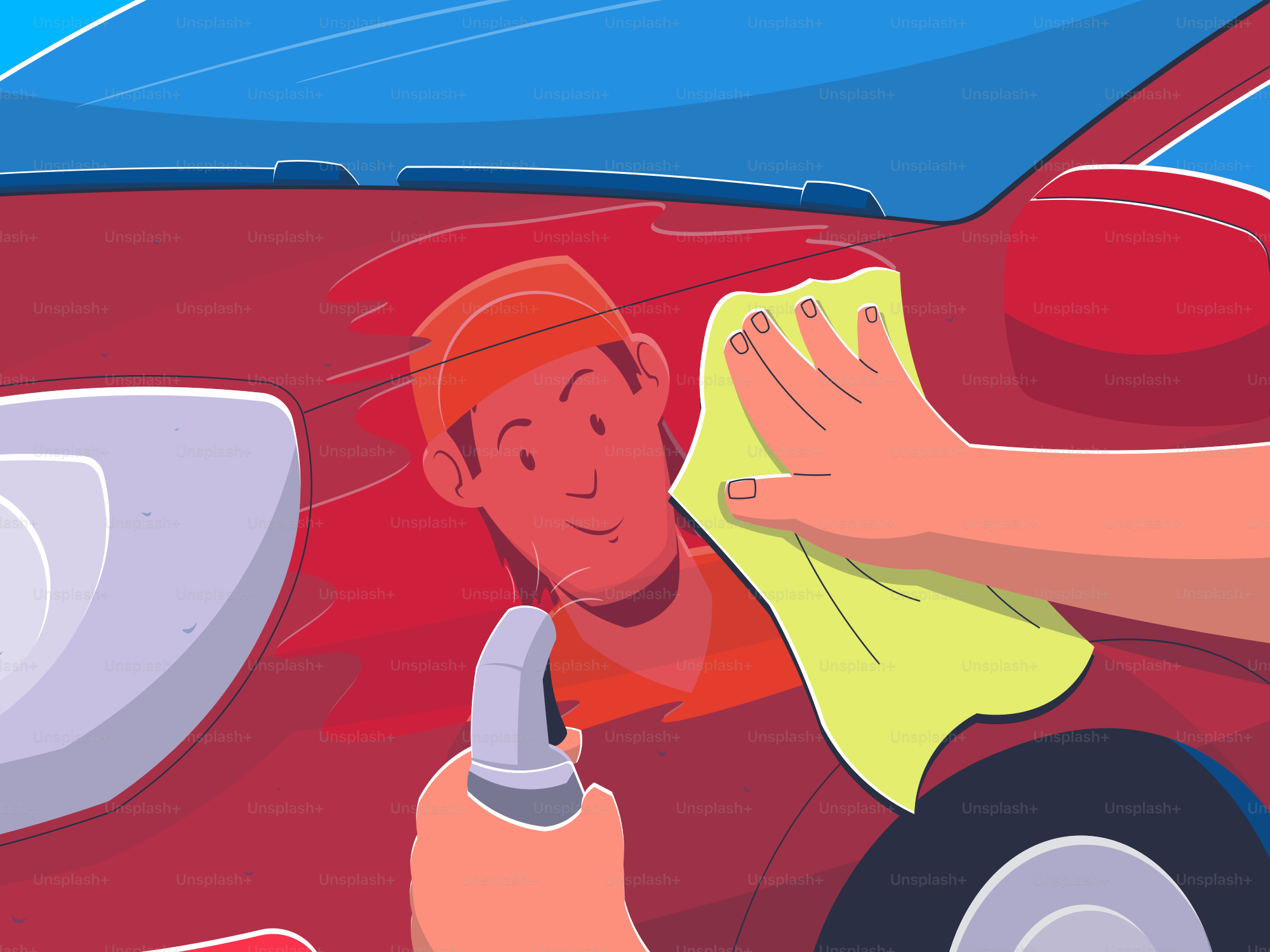 Person cleaning red car, visible reflection