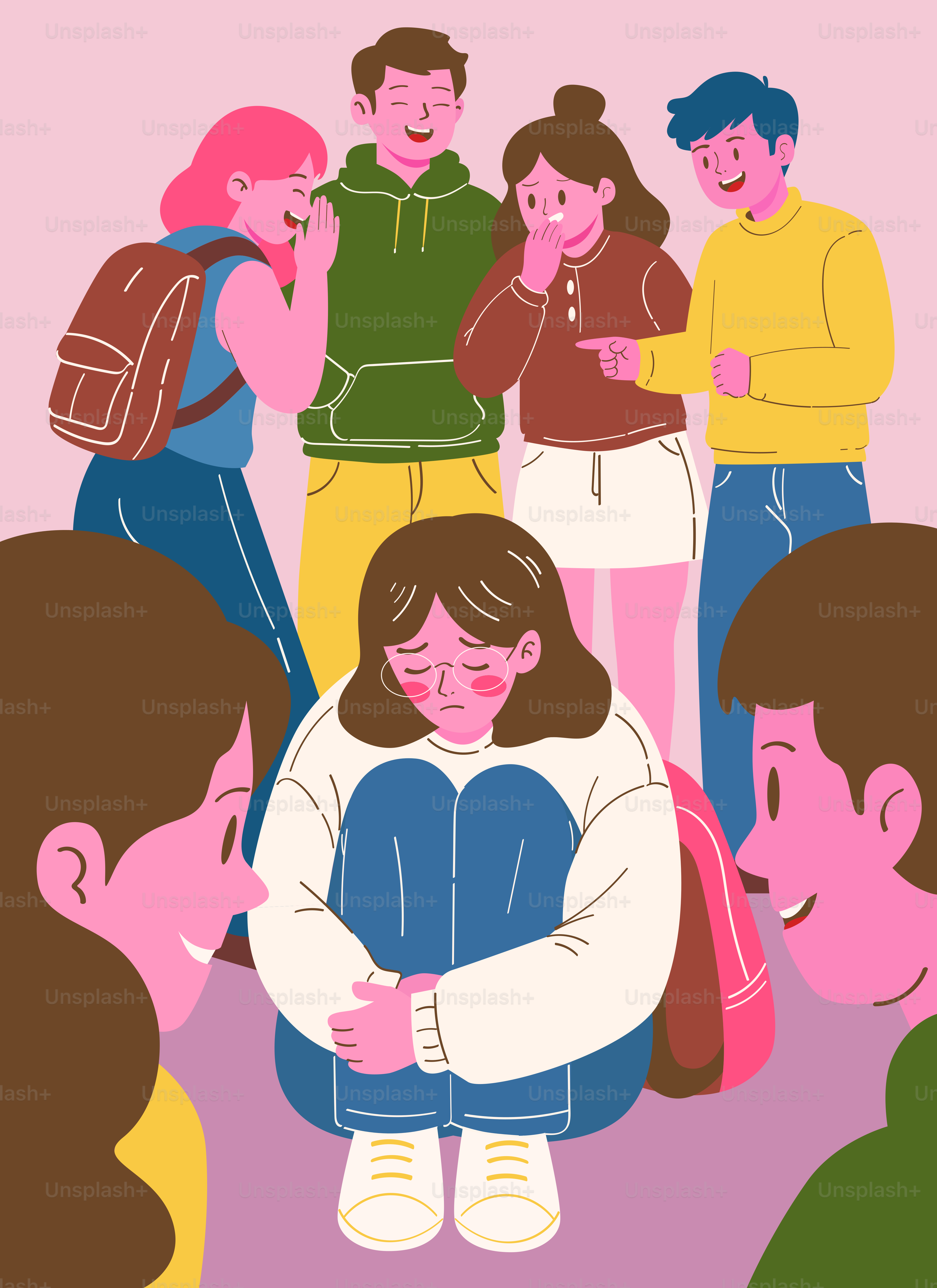 Trauriges Mädchen wird von Lachen gemobbt, zeigt auf Schüler