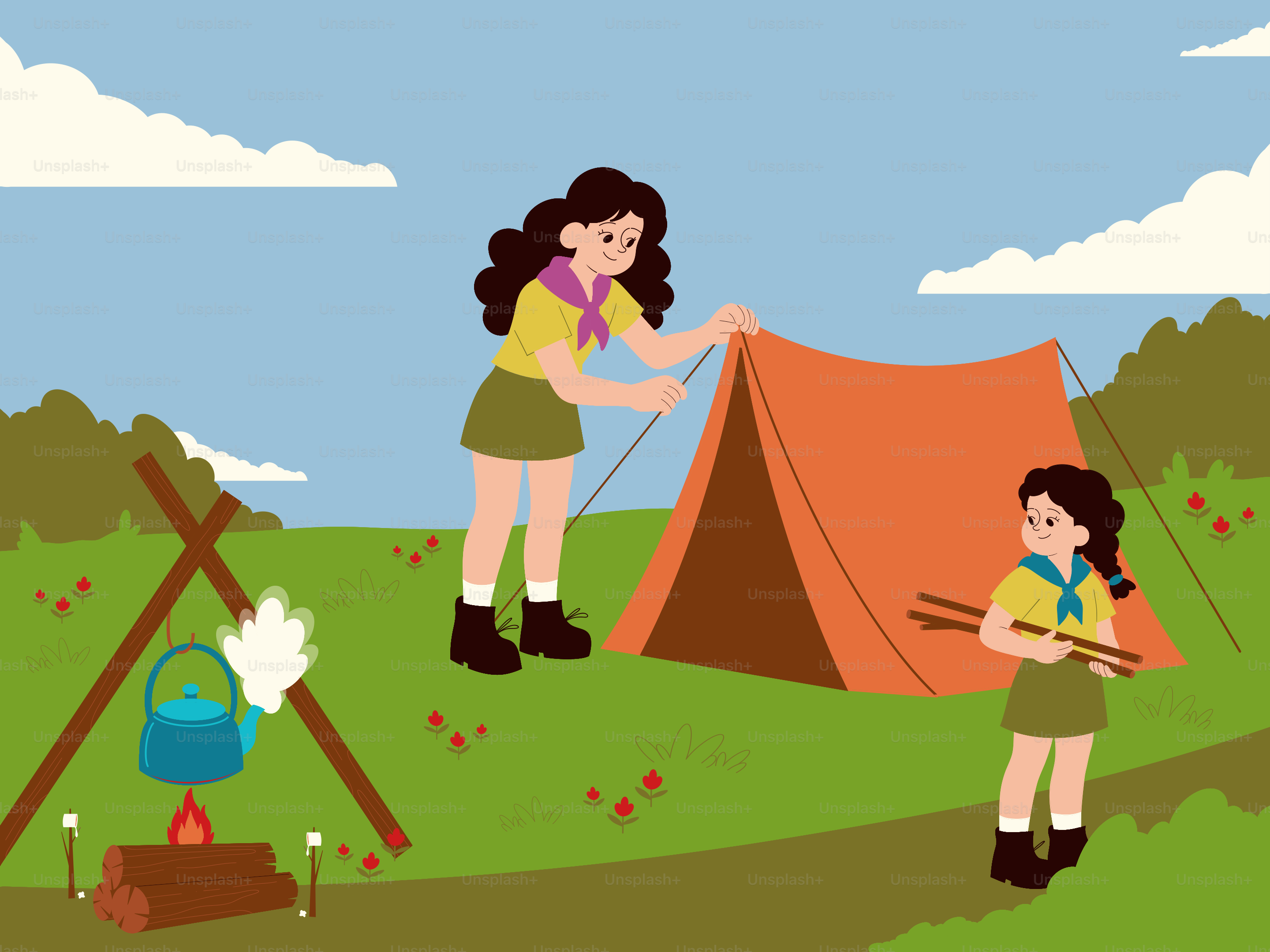 Due ragazze scout che allestivano una tenda e un falò da campo