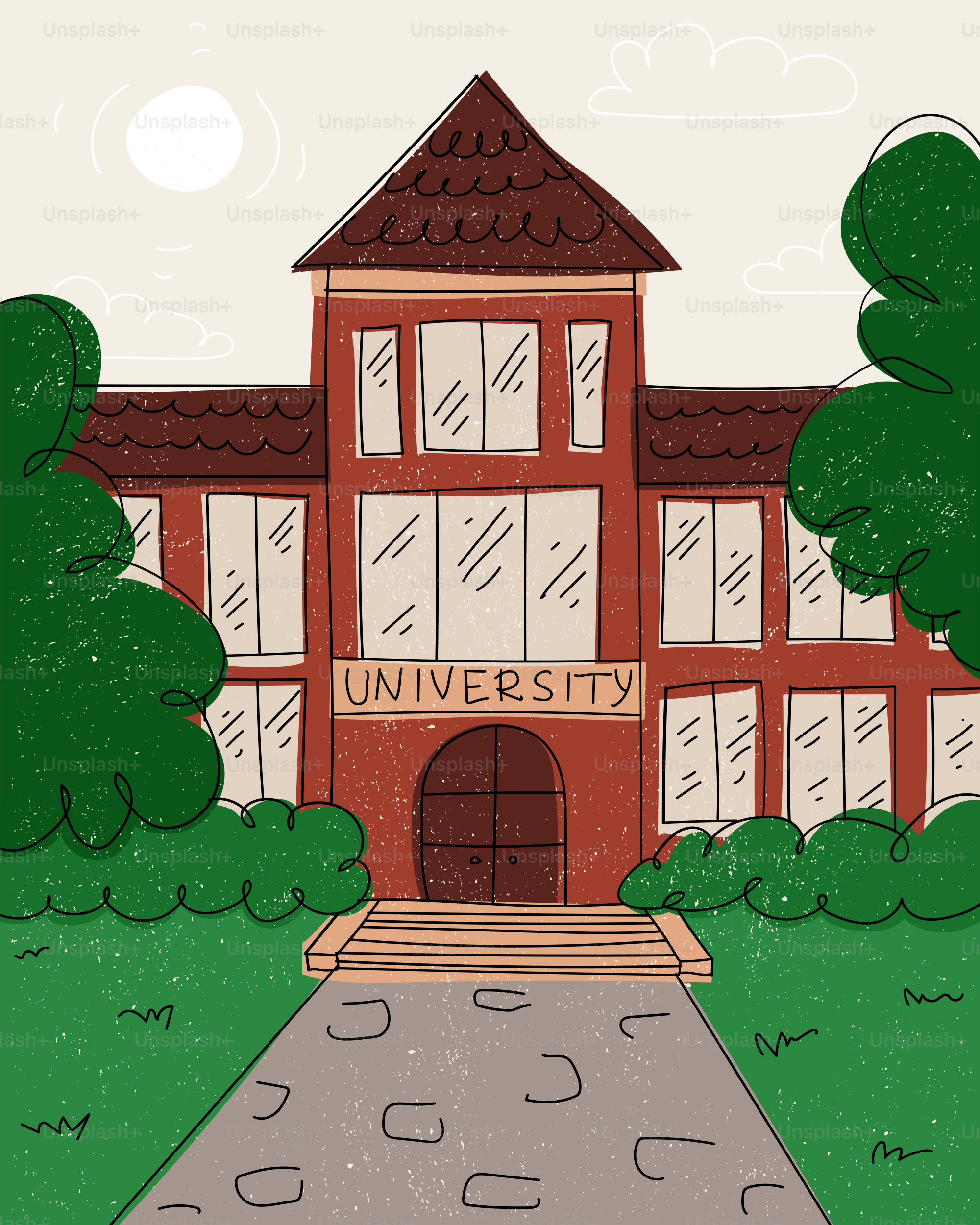 大学建物のイラストと入口通路
