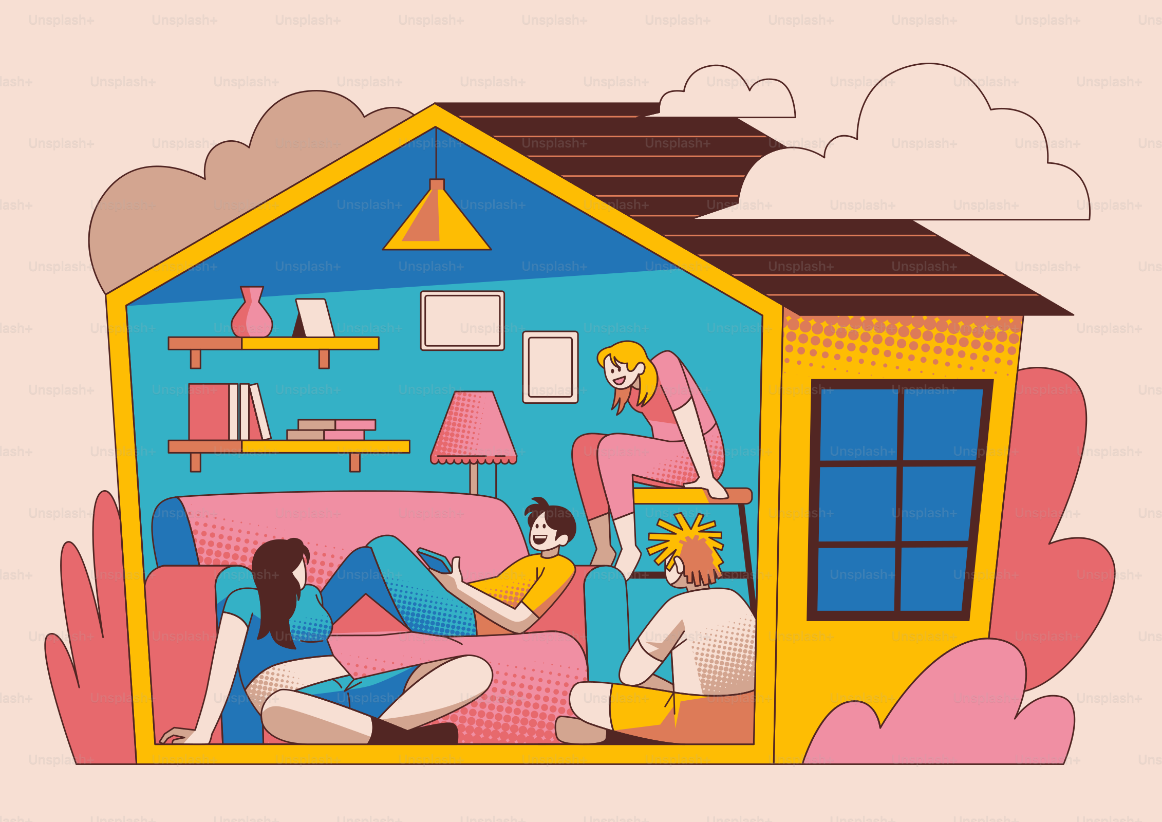 Gente relajándose y hablando dentro de una casa