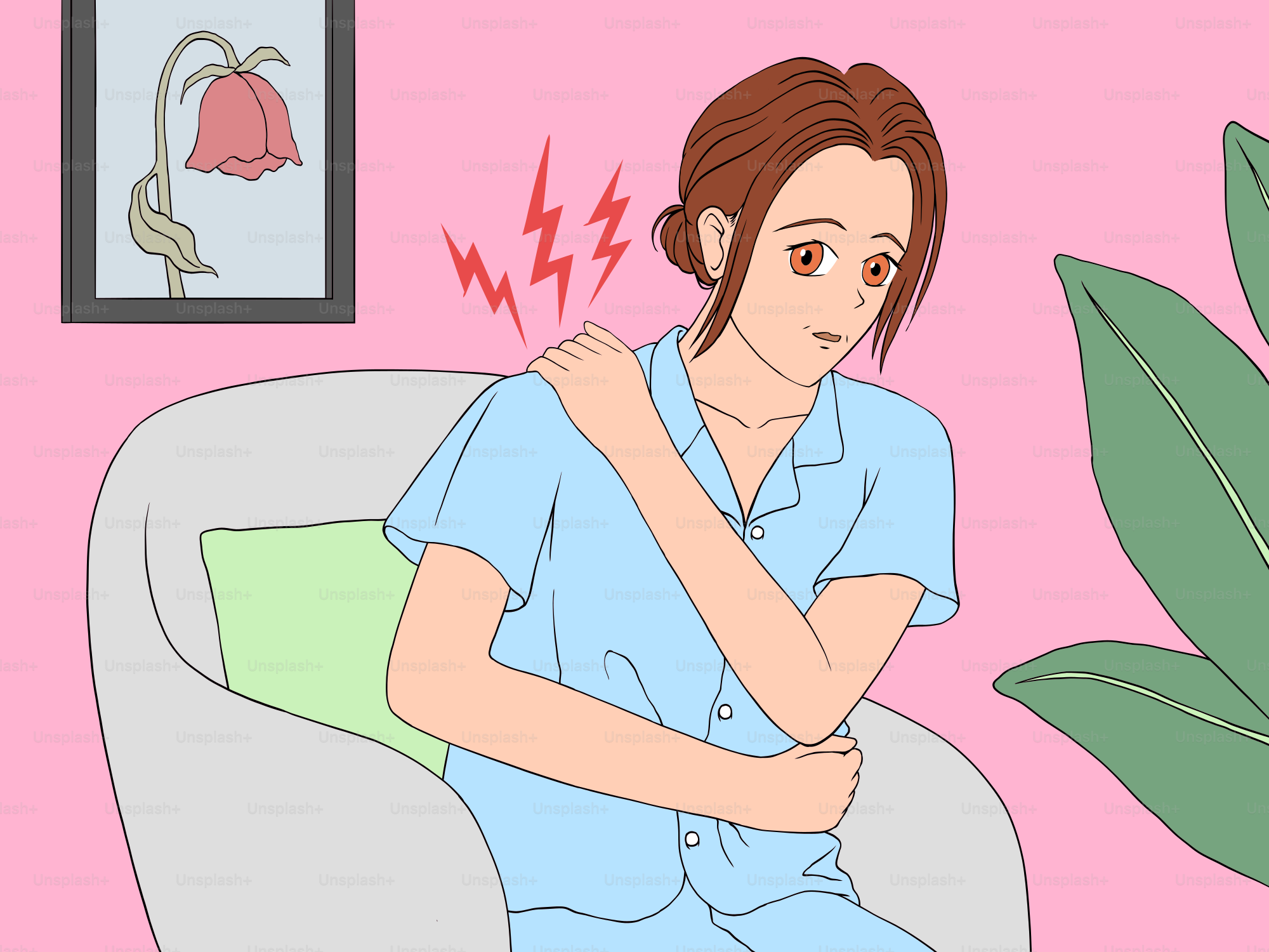 肩の痛みを抱えながら椅子に座っている女性