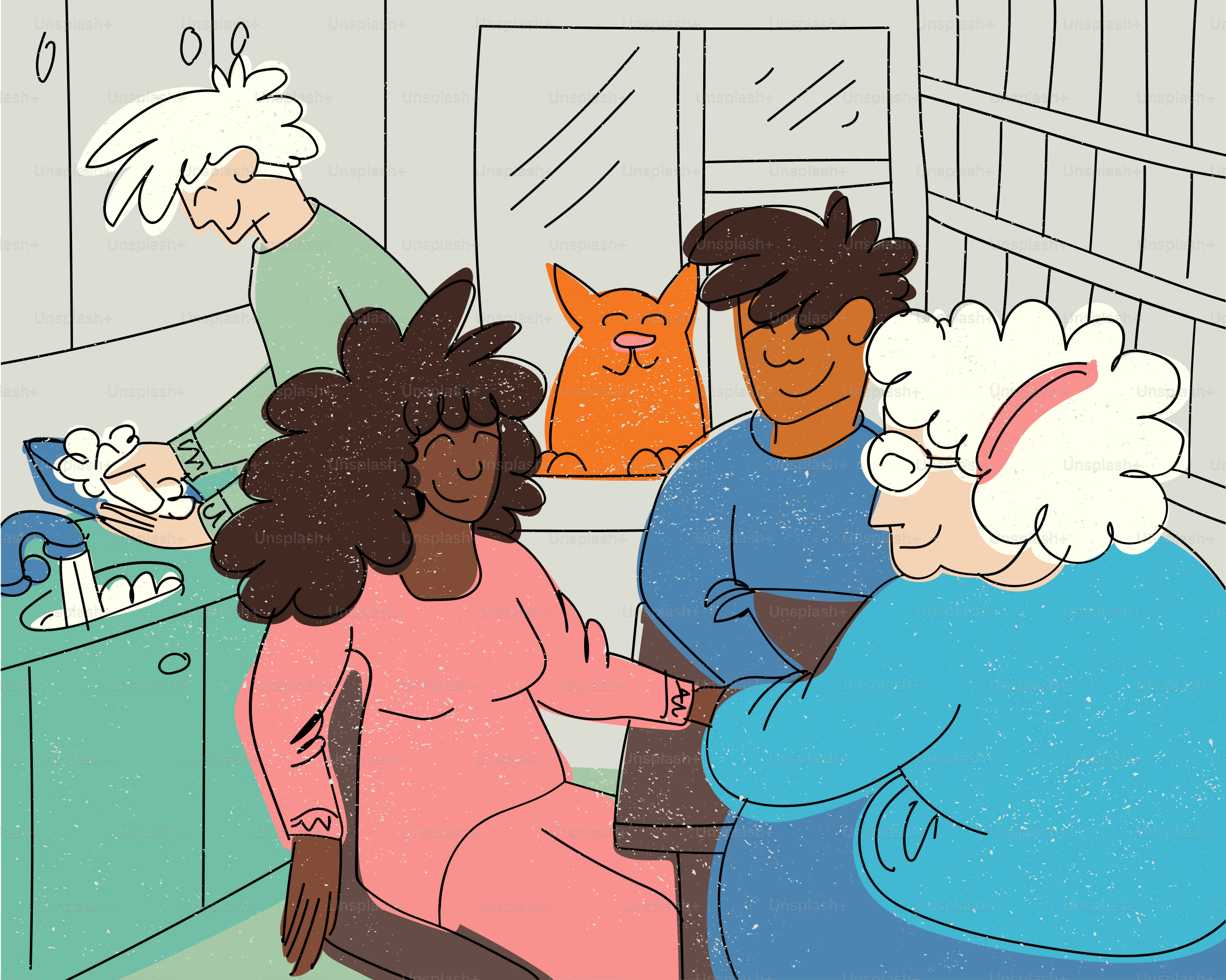 Colegas de casa multigeracionais cooperando em cozinha compartilhada
