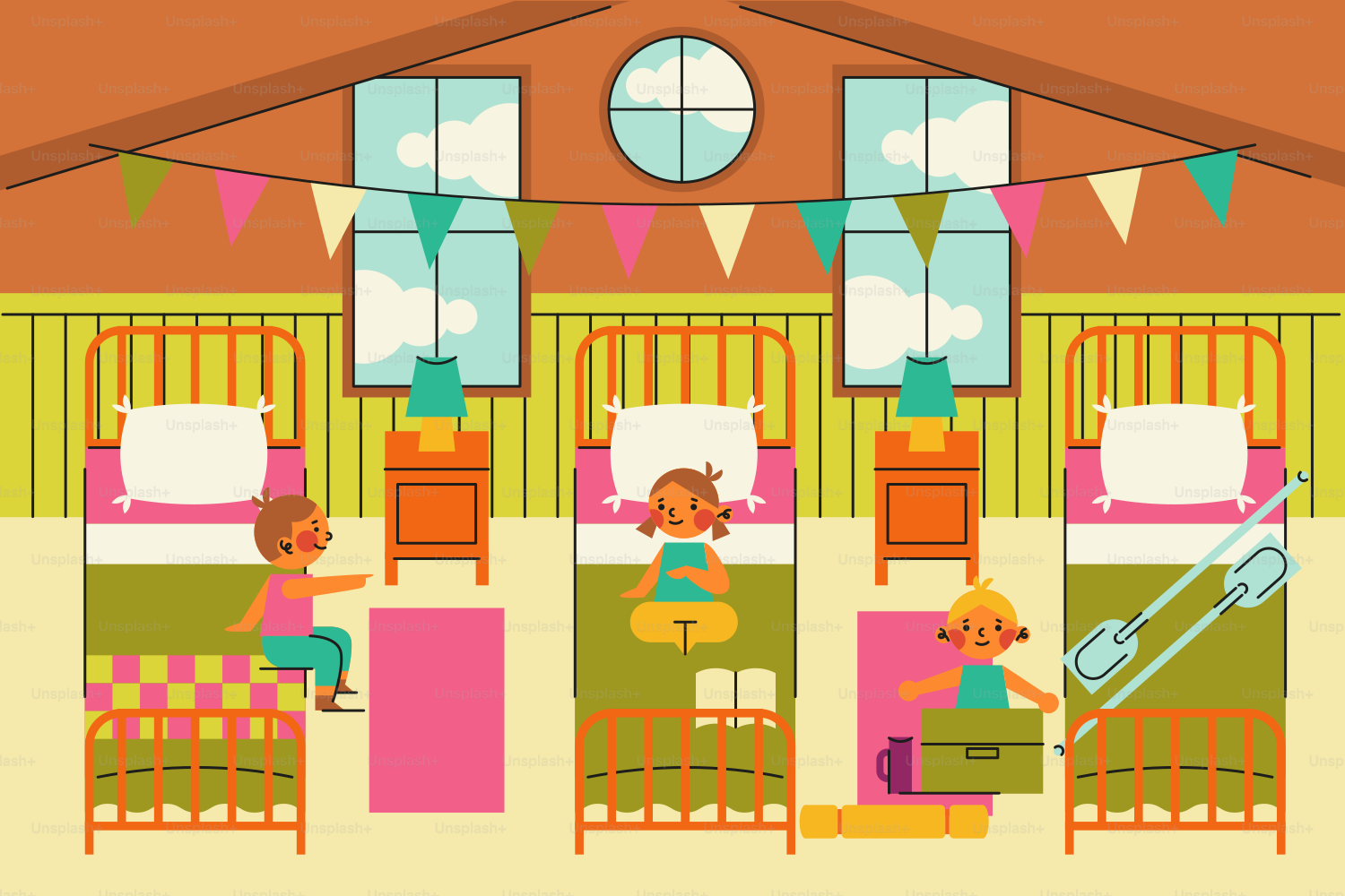 Children relaxing in a colorful camp bunkhouse