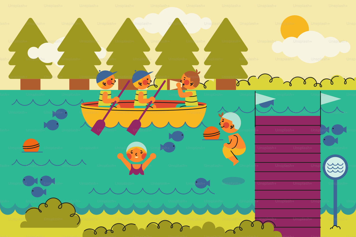 Children rowing, swimming, and jumping in a sunny lake