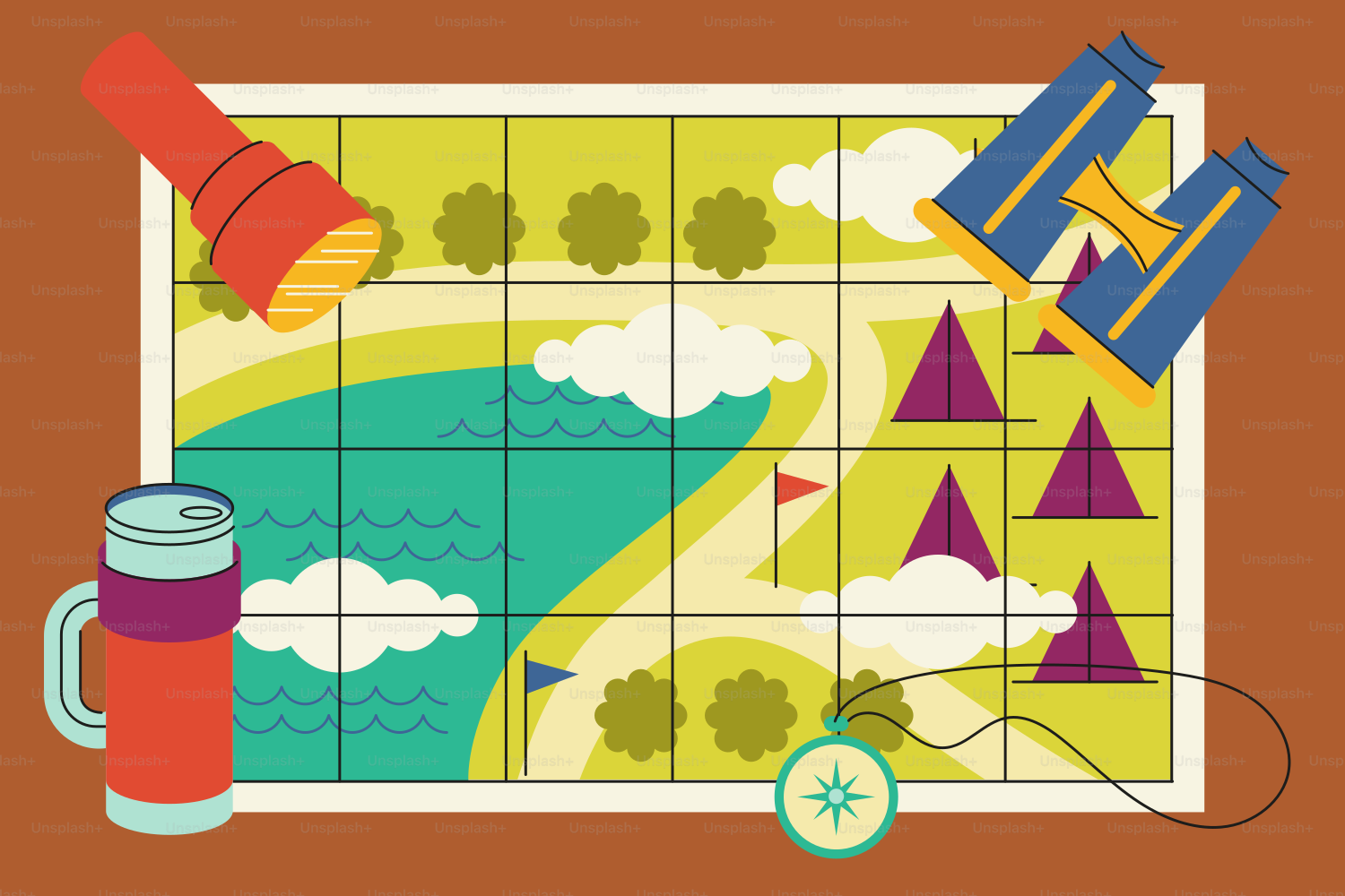 Outdoor adventure map with essential gear