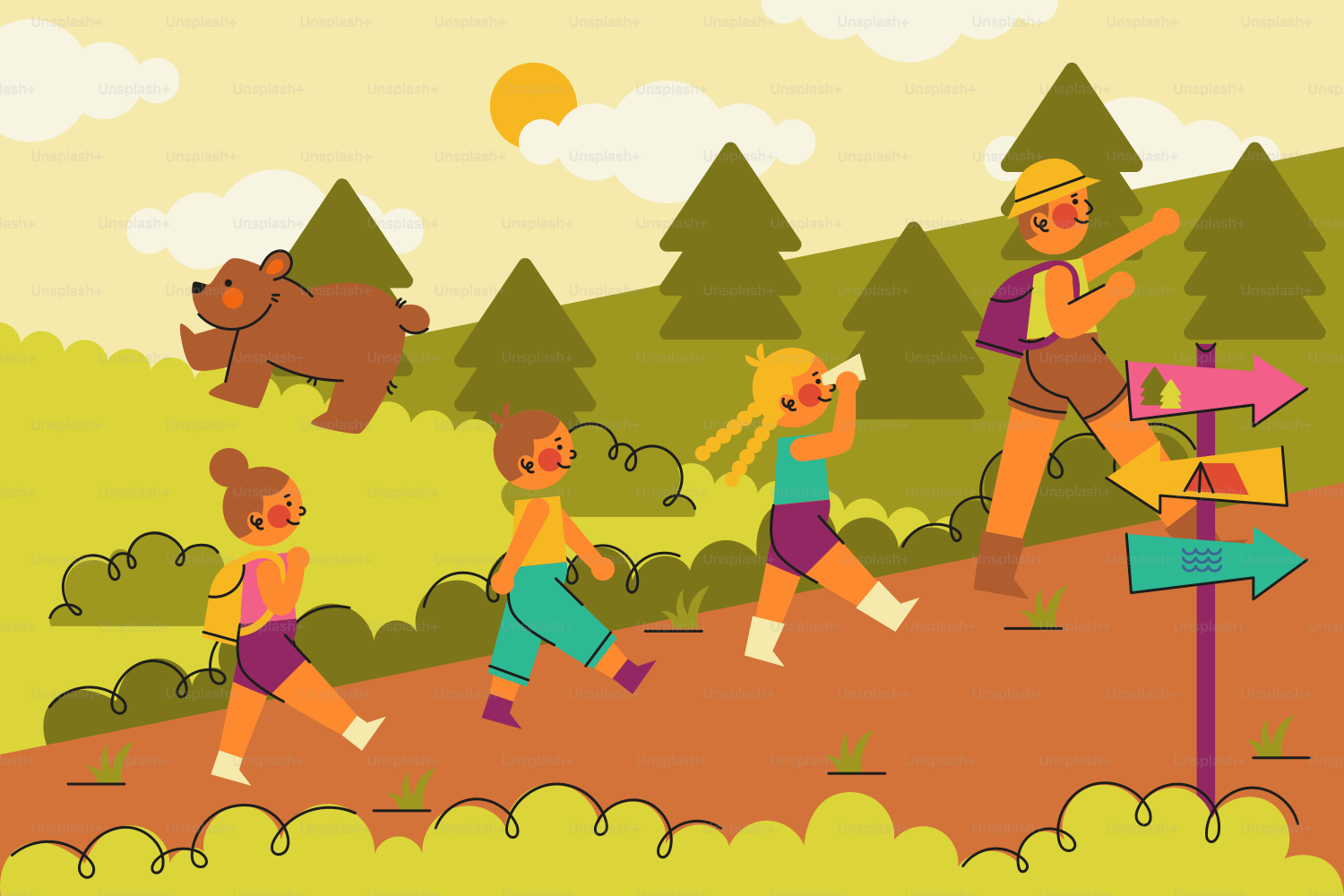 Family hiking on a trail with a bear