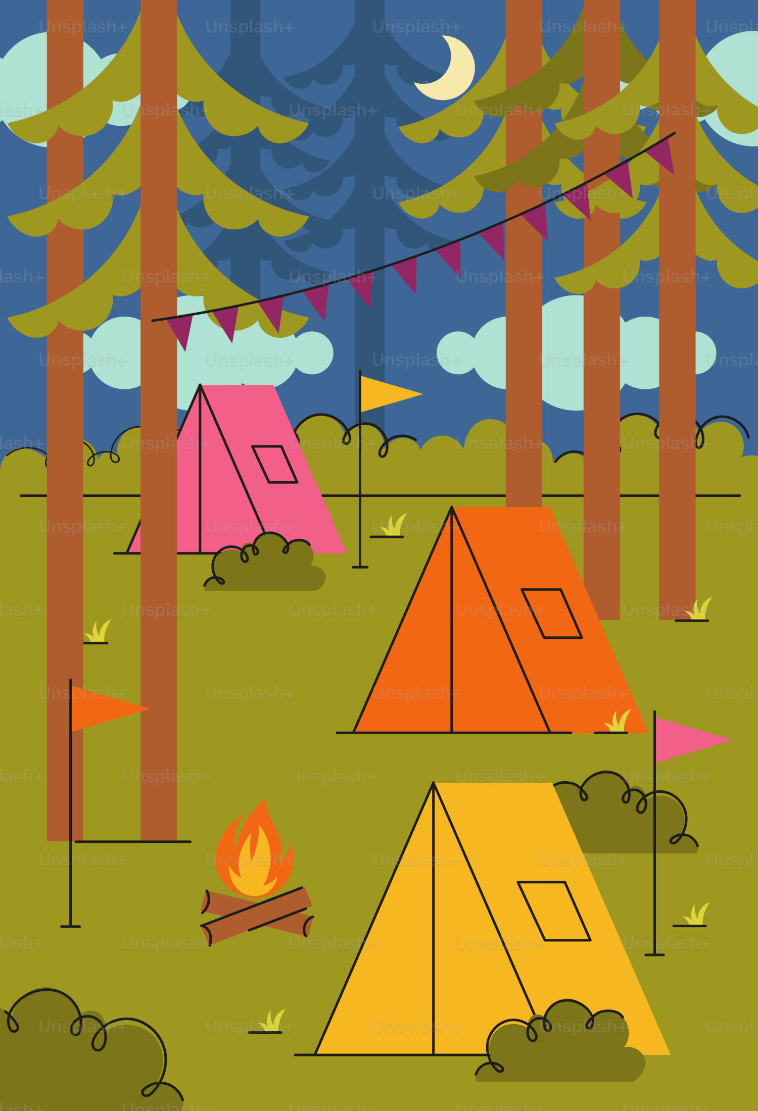 Nighttime campsite with colorful tents, campfire, and pine trees