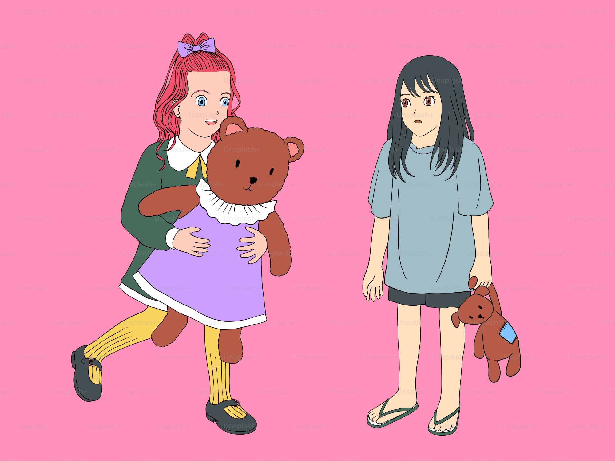 Gadis-gadis dengan boneka beruang dengan latar belakang merah muda
