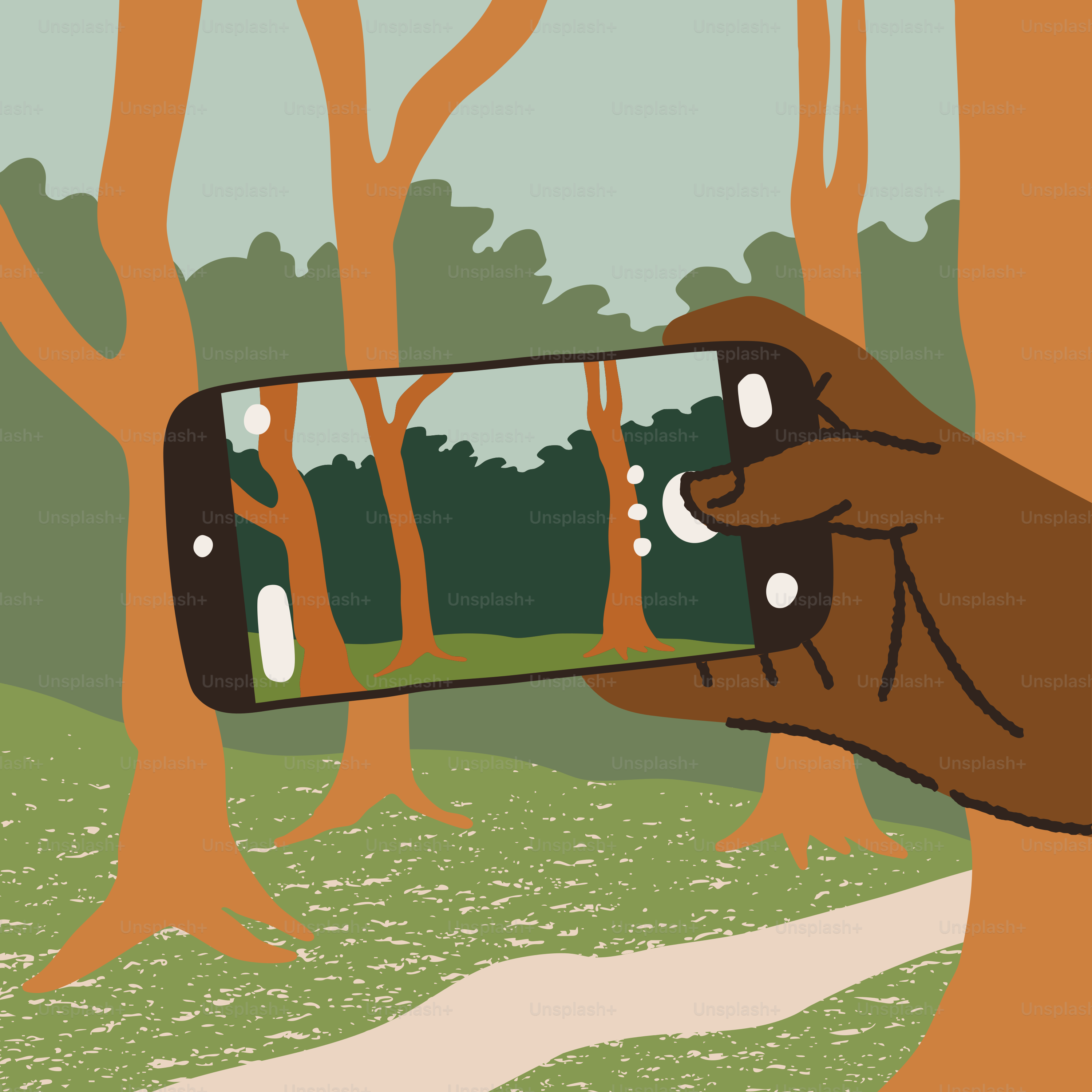 森の風景を捉えた手持ちスマートフォンのイラスト