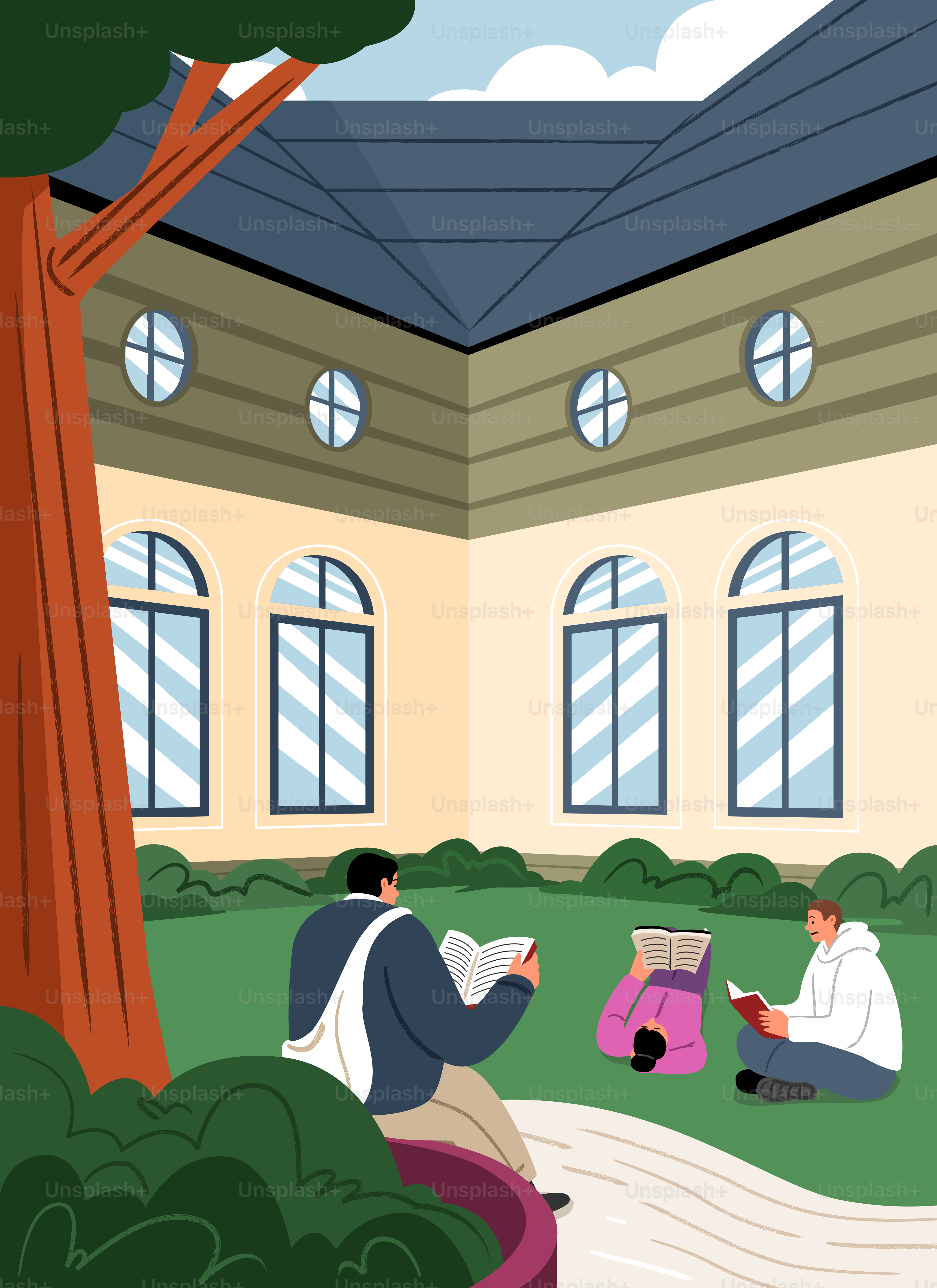 Estudantes lendo livros na grama do lado de fora de um prédio do campus