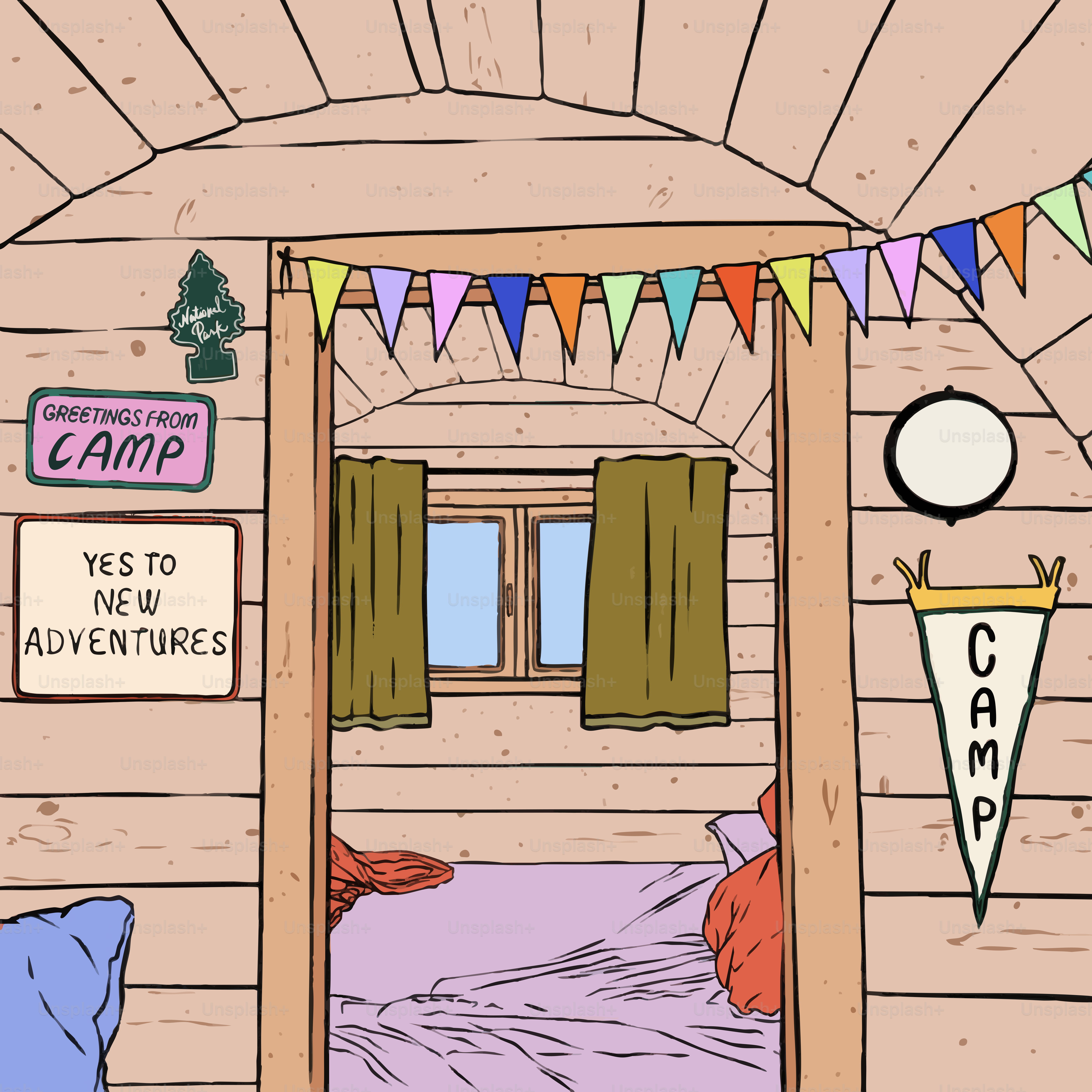 Innenraum der Lagerhütte mit dekorativen Schildern und Bett
