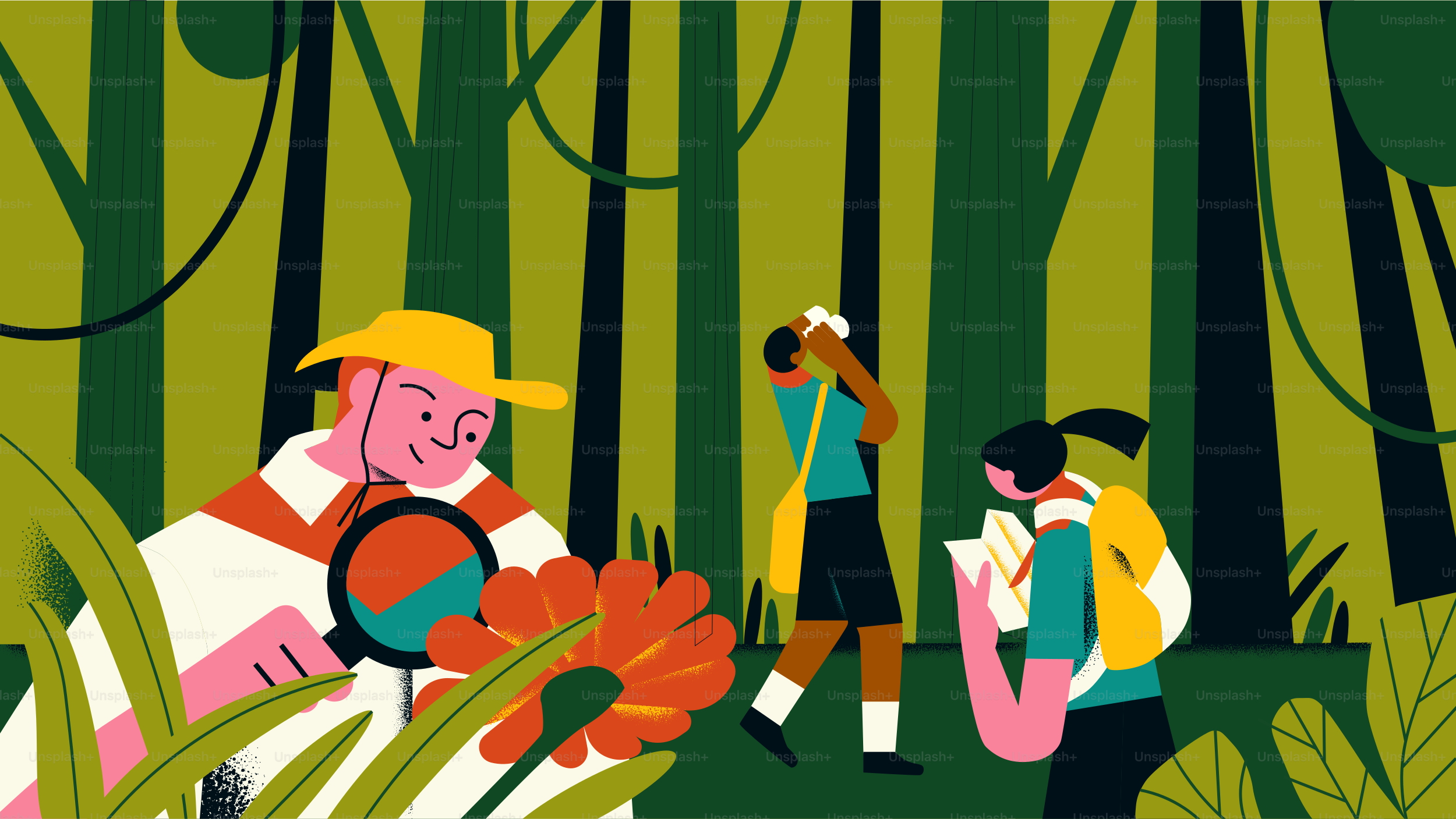 Jungle explorers studying plants and taking pictures