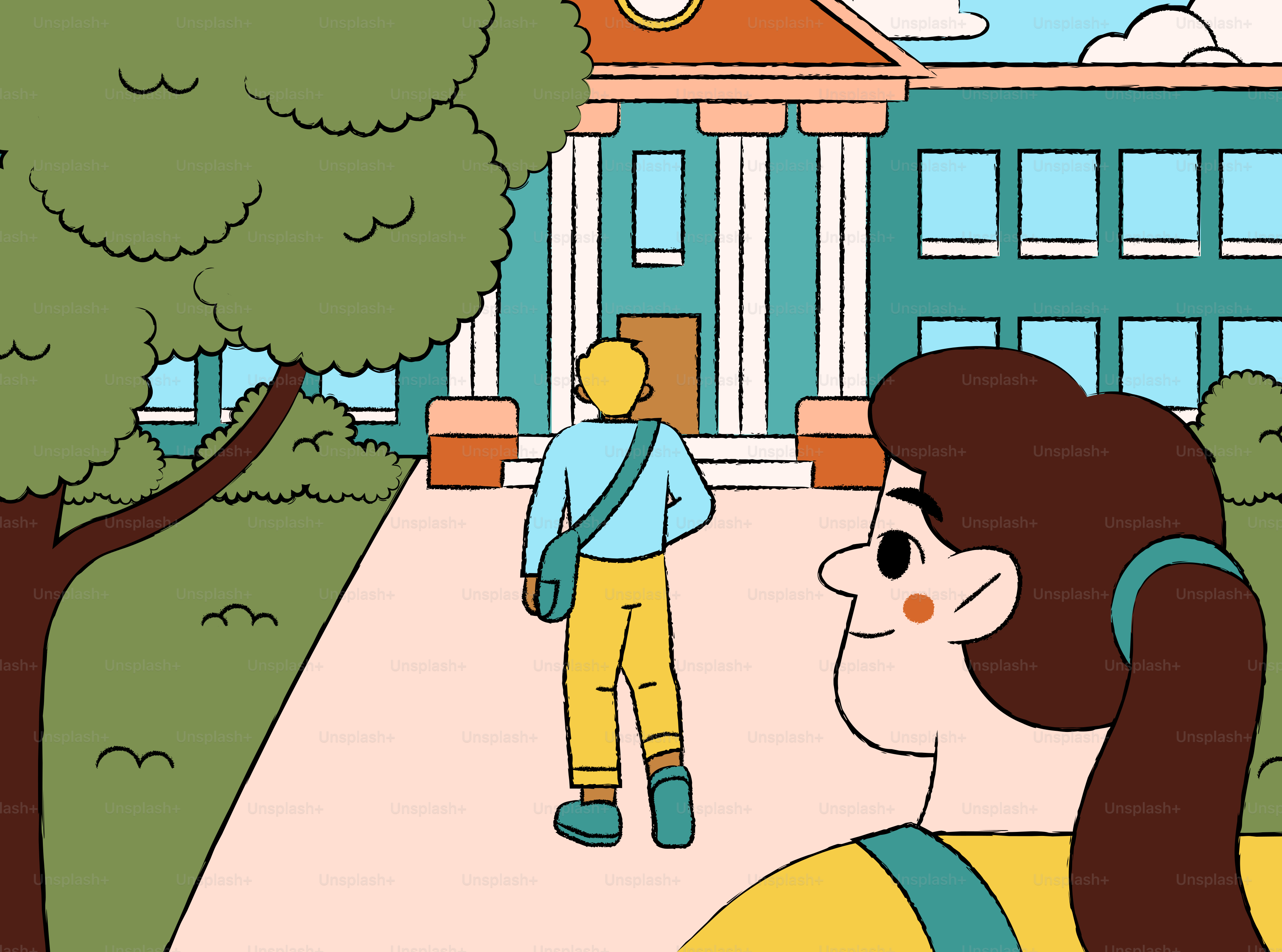 Siswa berjalan ke sekolah, gadis menonton