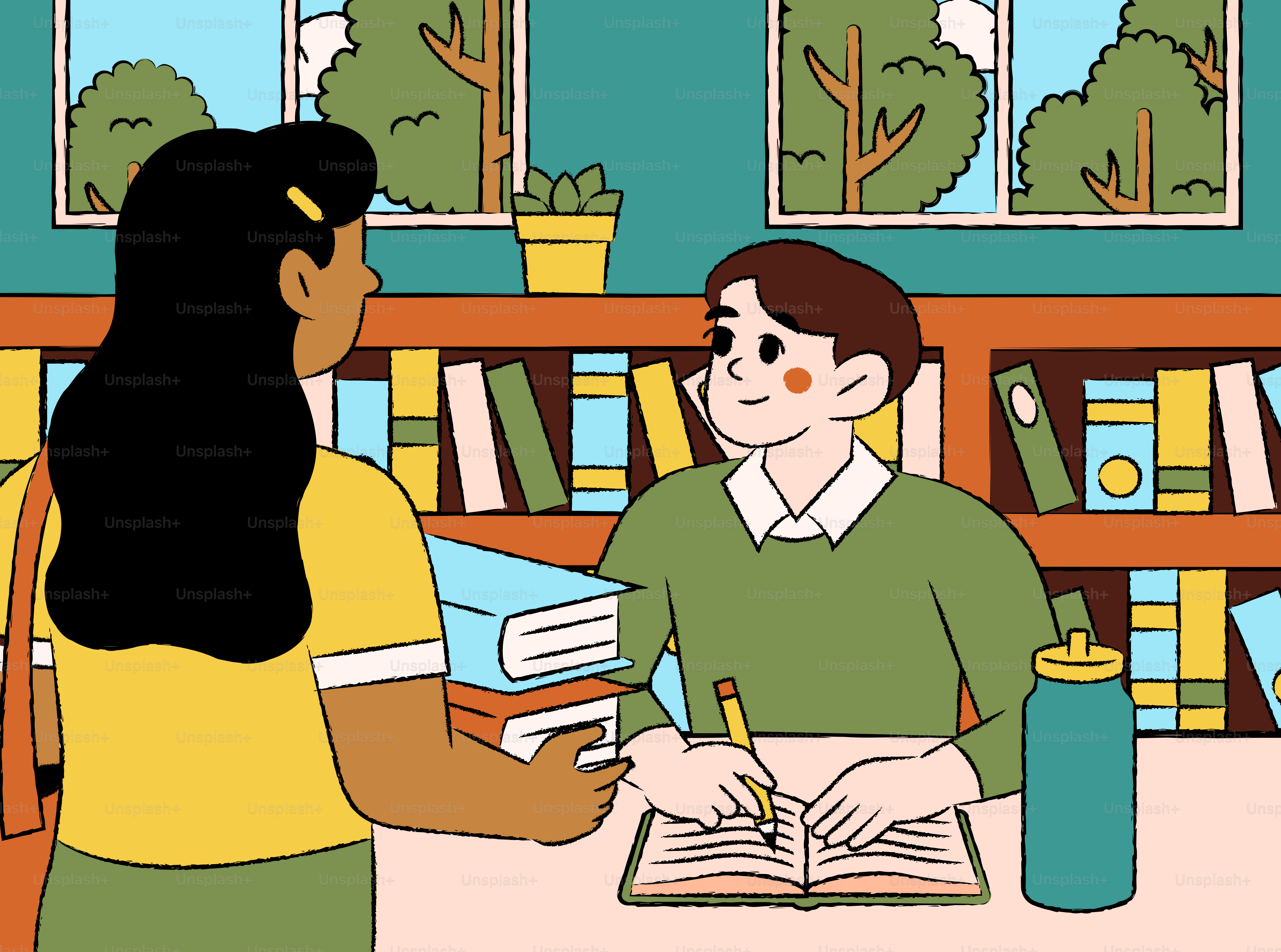 Dua mahasiswa belajar di perpustakaan