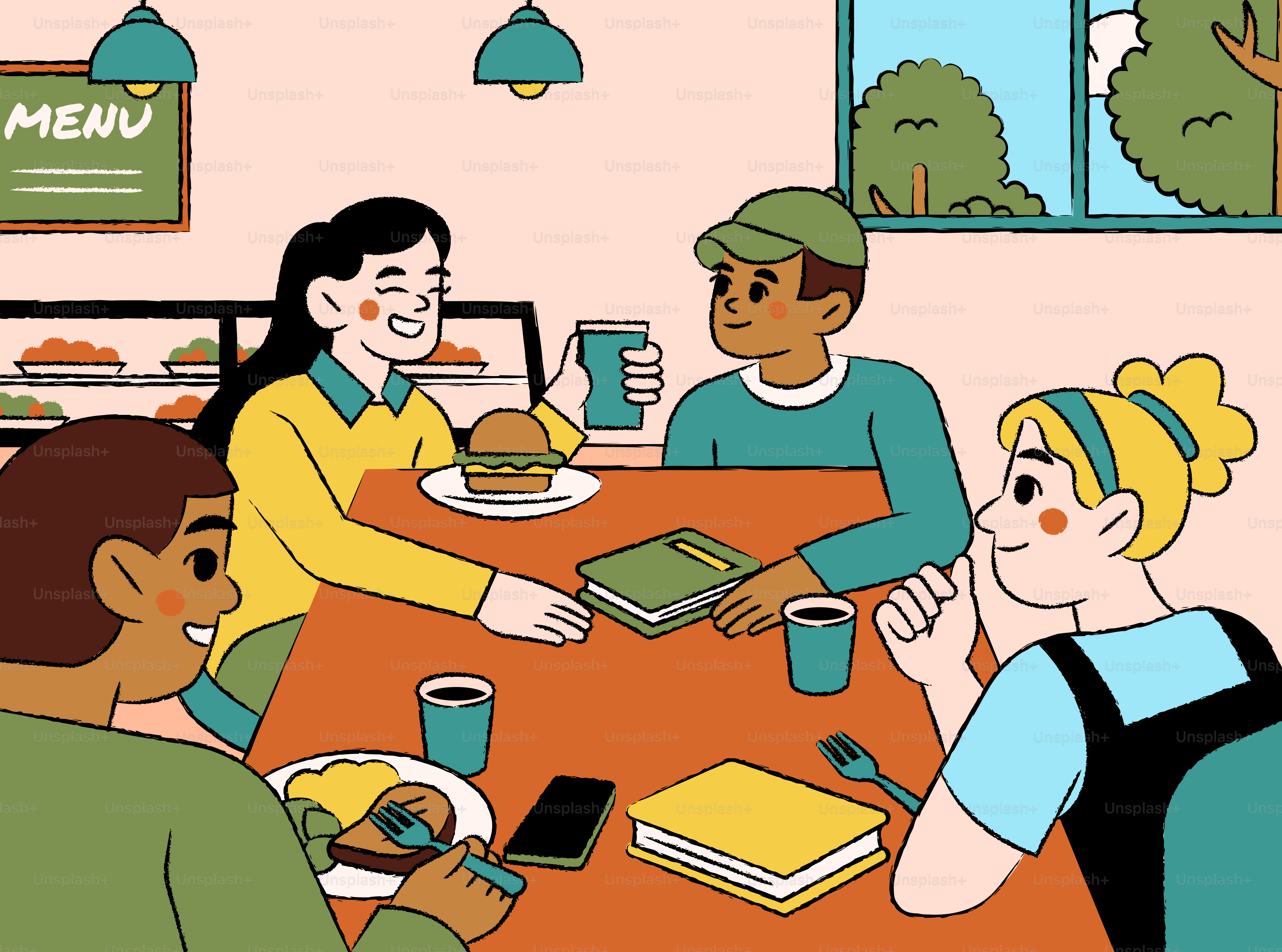 Kelompok teman makan dan berbincang di sebuah kafe