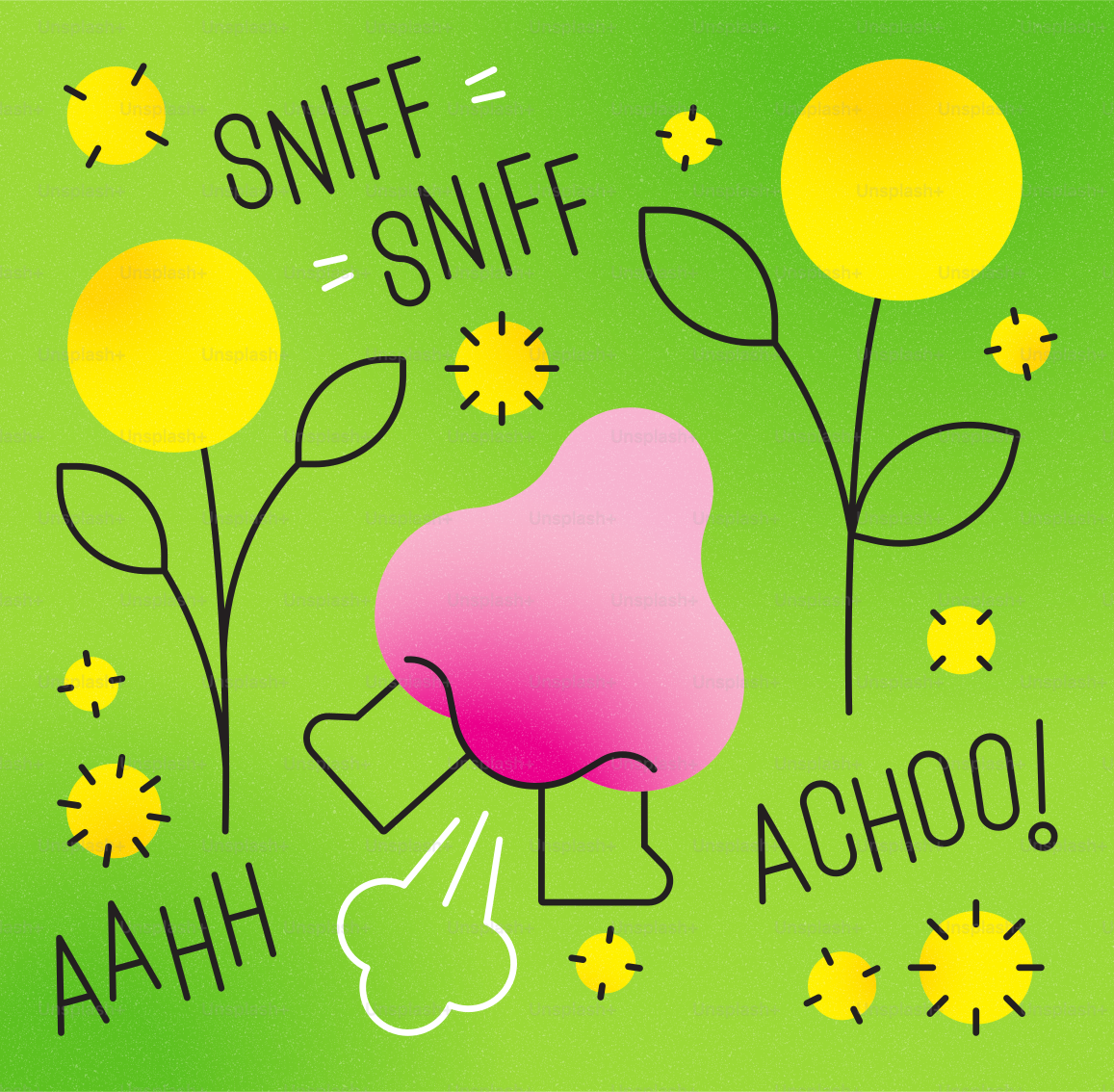 Nez rose de dessin animé éternuant parmi des fleurs jaunes