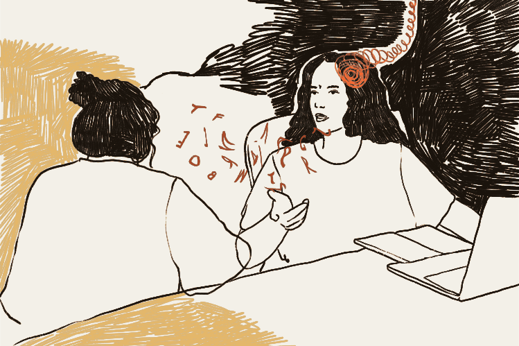 Mujer que lucha con la afasia en discusión