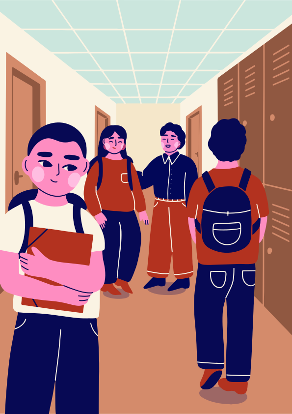 Siswa di lorong sekolah, salah satunya memegang buku