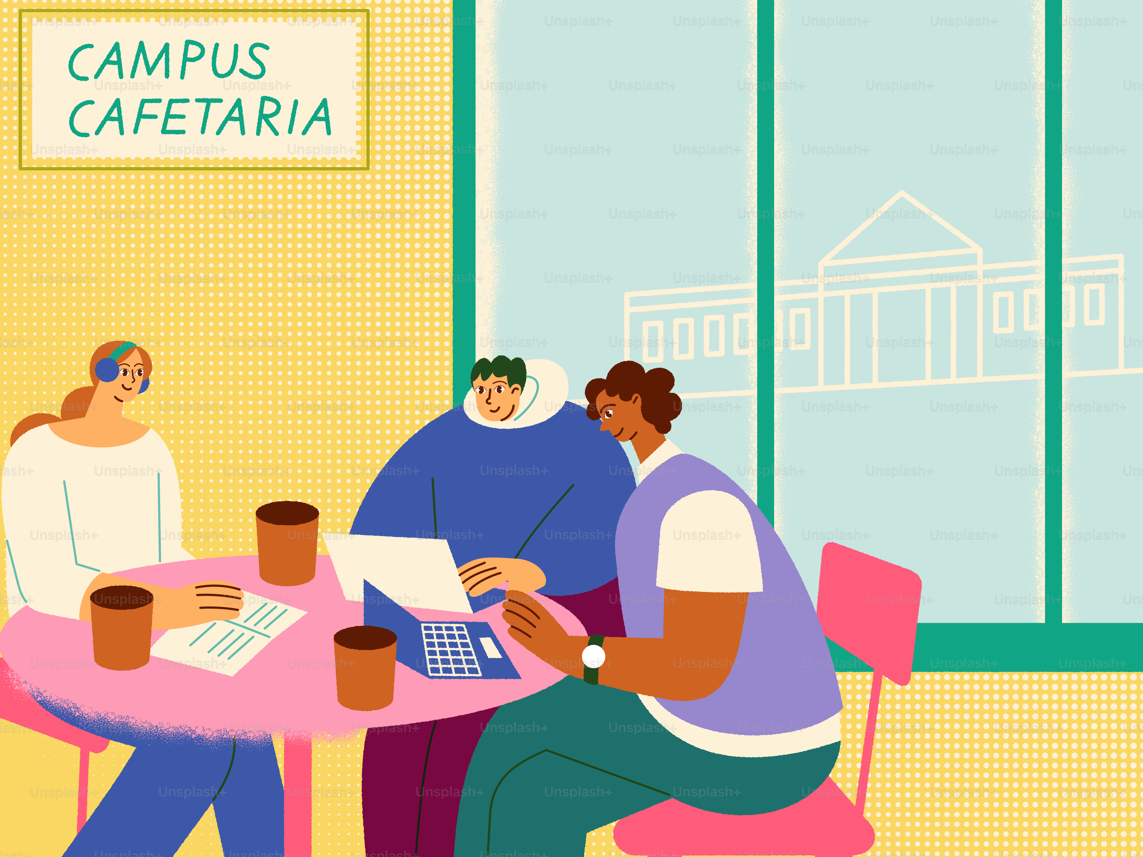 Studierende, die an Laptops in der Campuskantine arbeiten