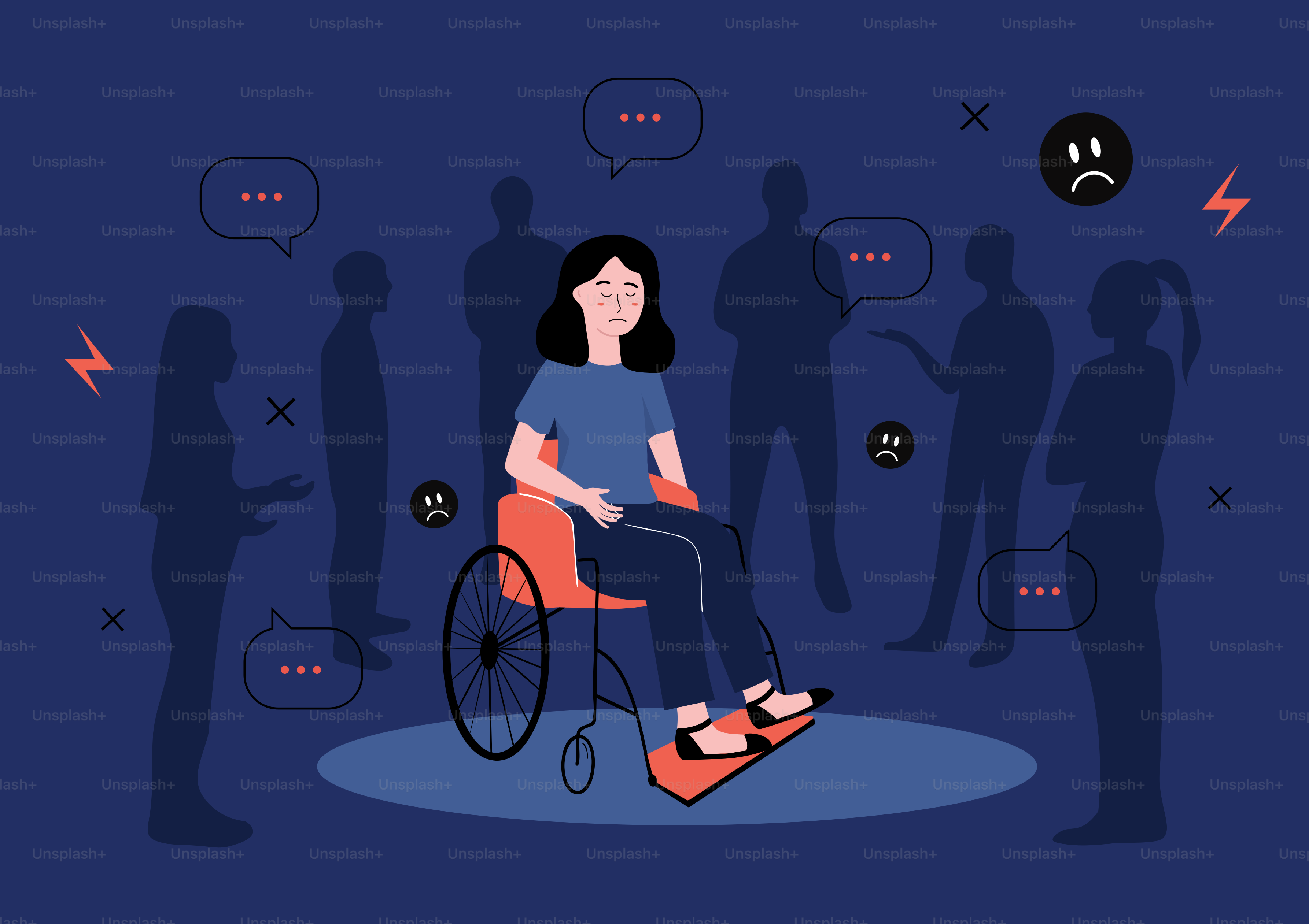 Isolated woman in wheelchair surrounded by talking silhouettes - Vector ...