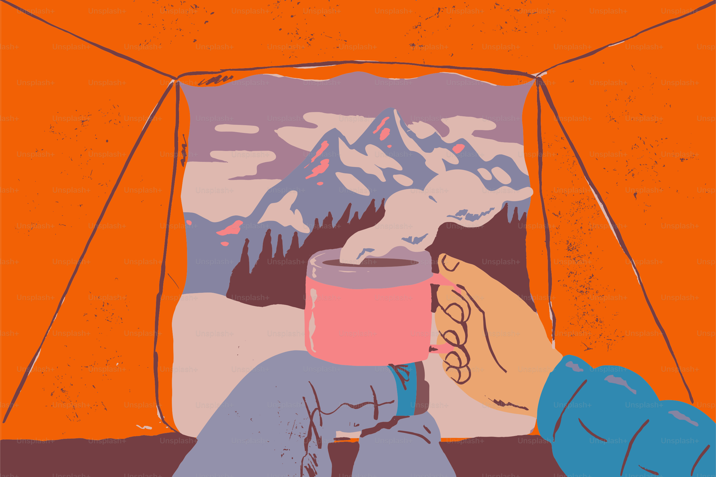 Tasse in der Hand, Zeltblick auf verschneite Berge