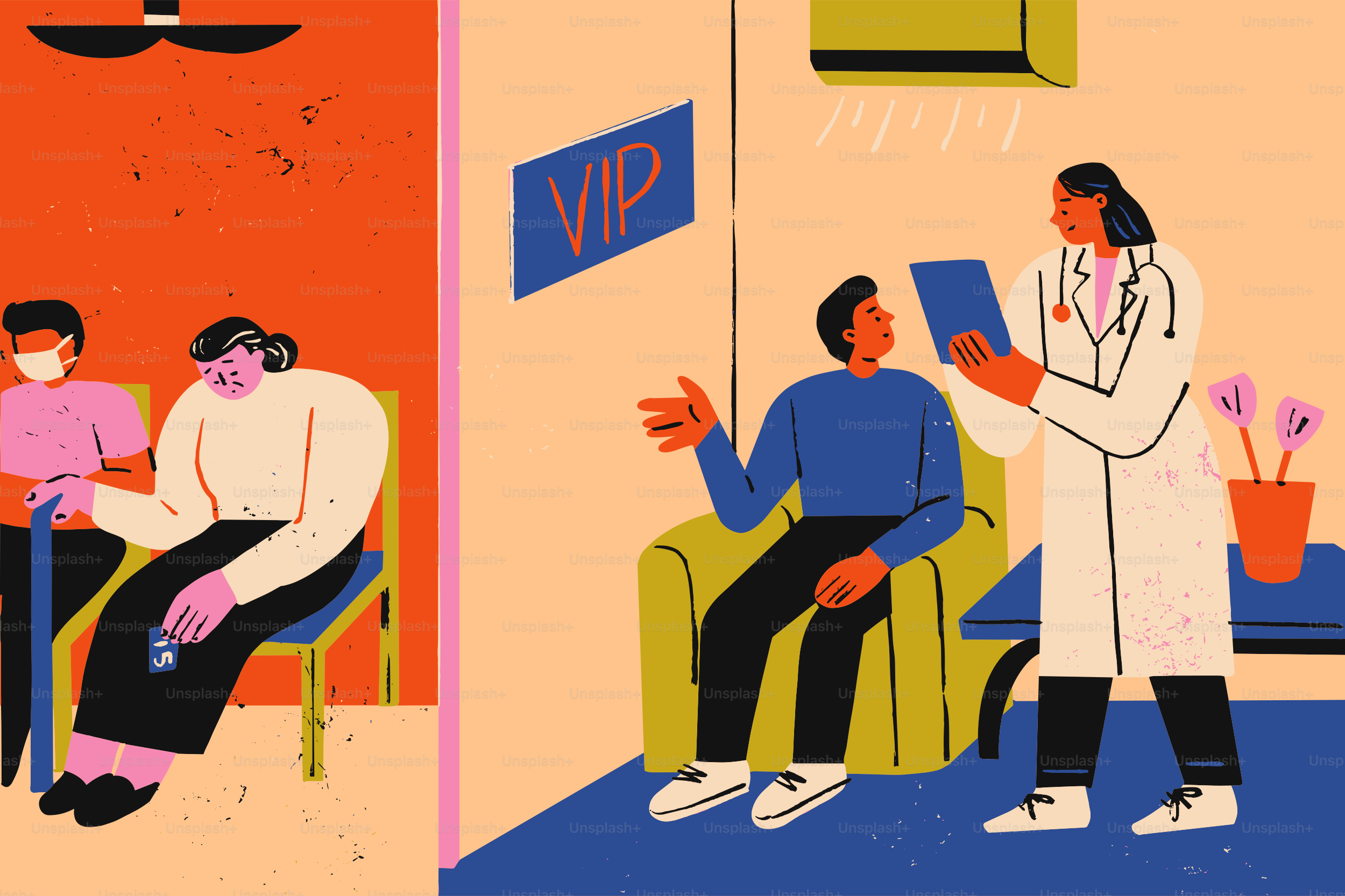Sala de espera de clínica lotada versus serviço de saúde VIP