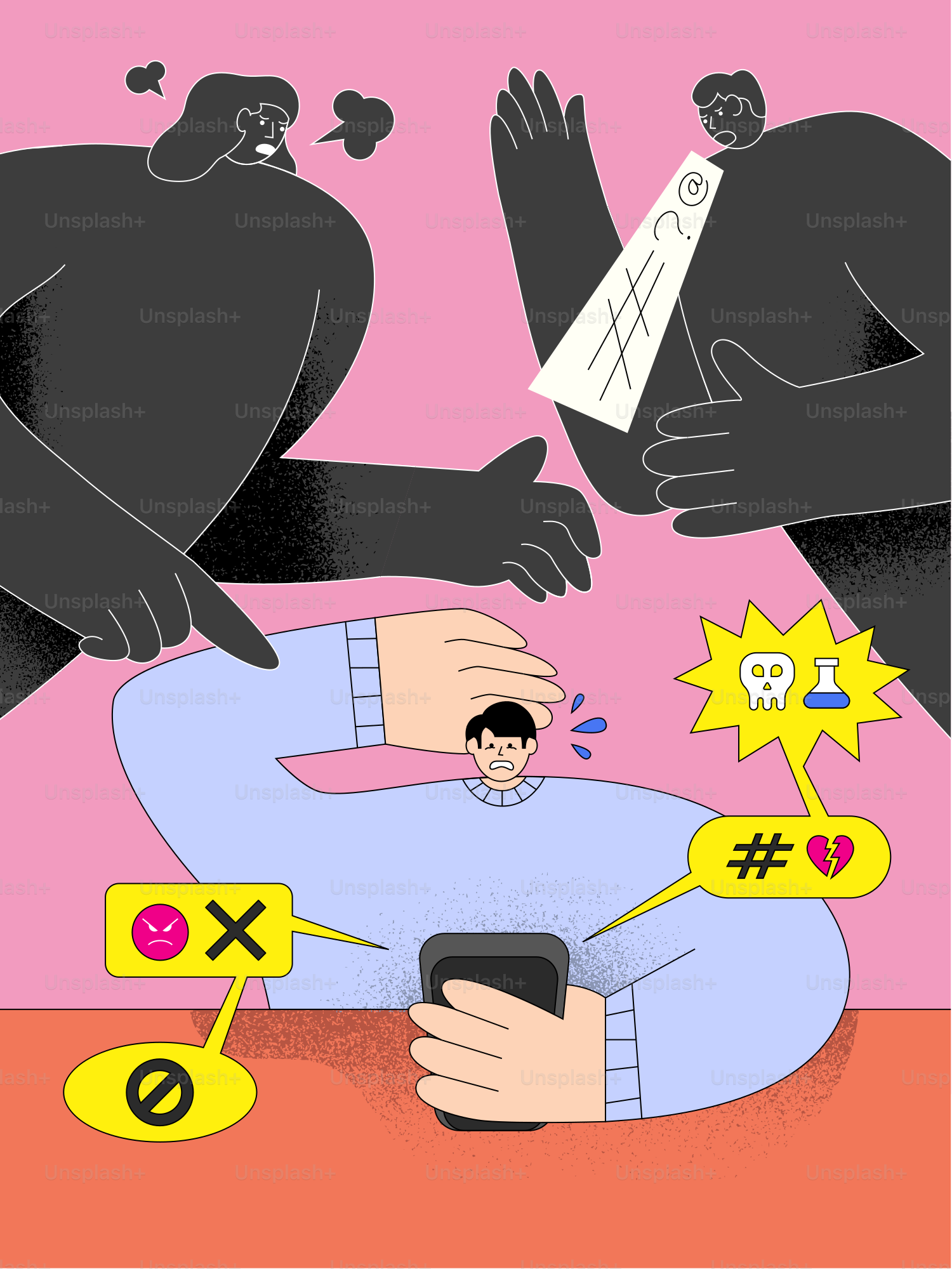 Homme bouleversé par les conflits numériques et les symboles du cyberharcèlement