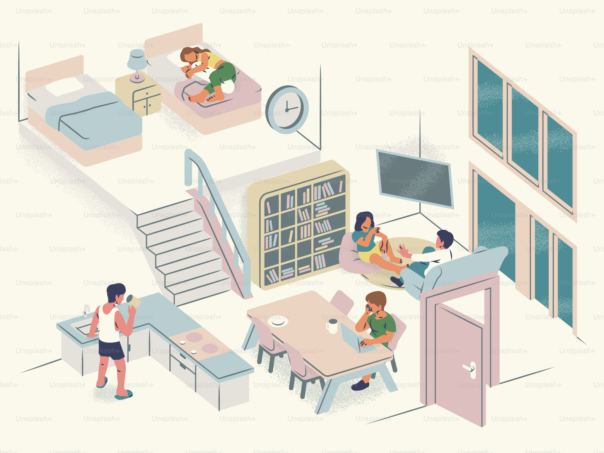 Vivienda de varios niveles con gente relajándose, trabajando y durmiendo