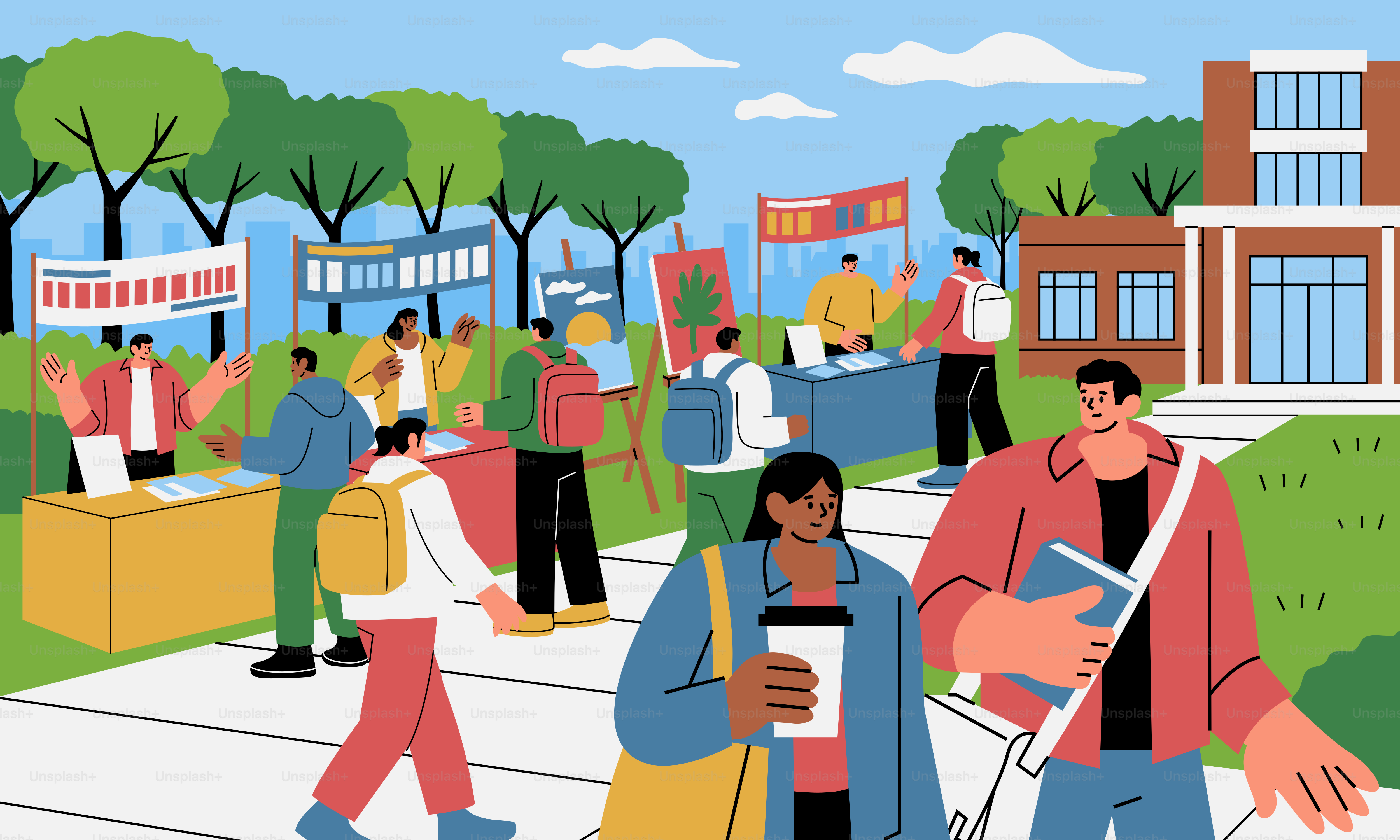 Feria del campus universitario con estudiantes y puestos diversos