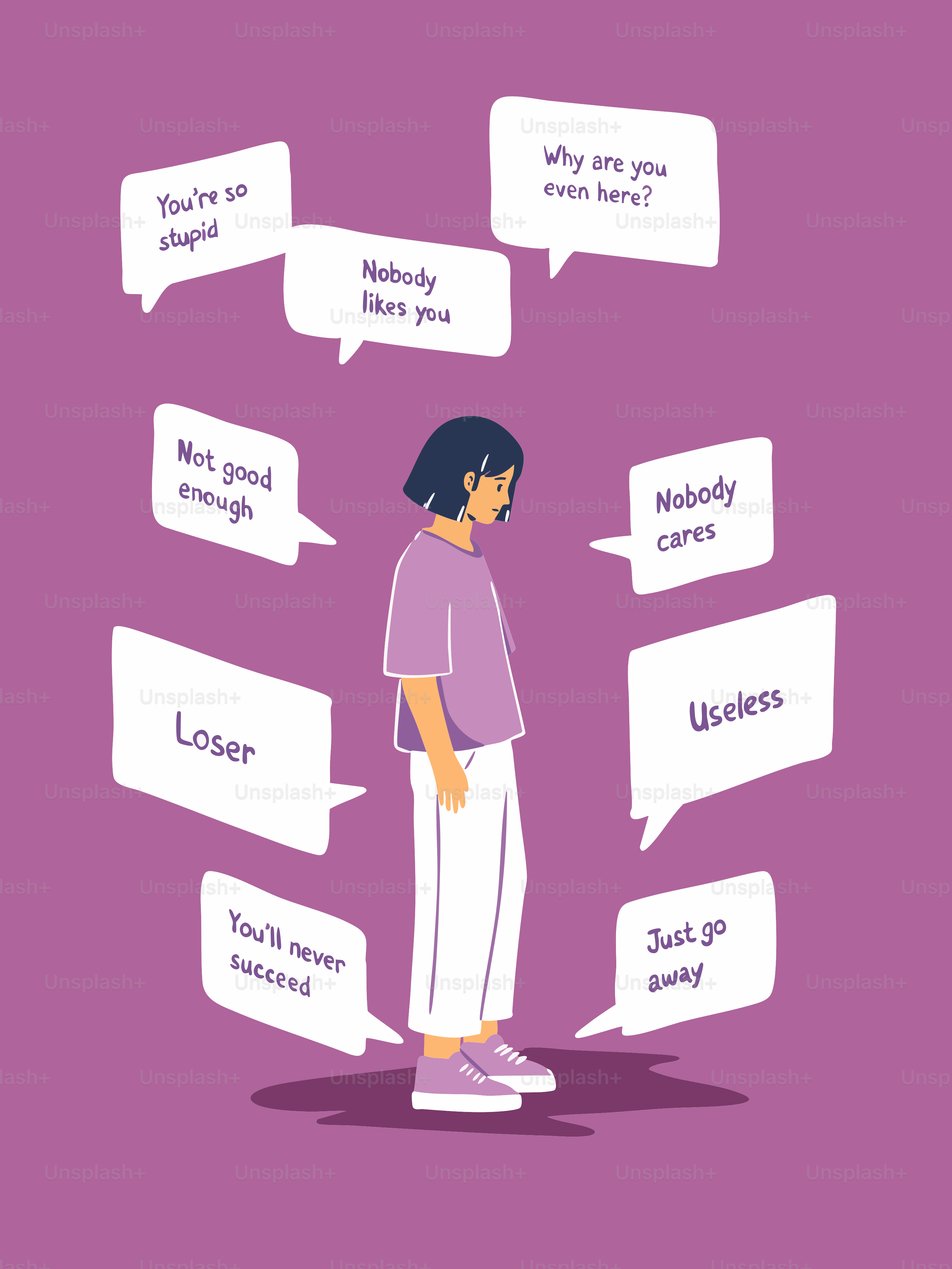 Young woman surrounded by negative speech bubbles