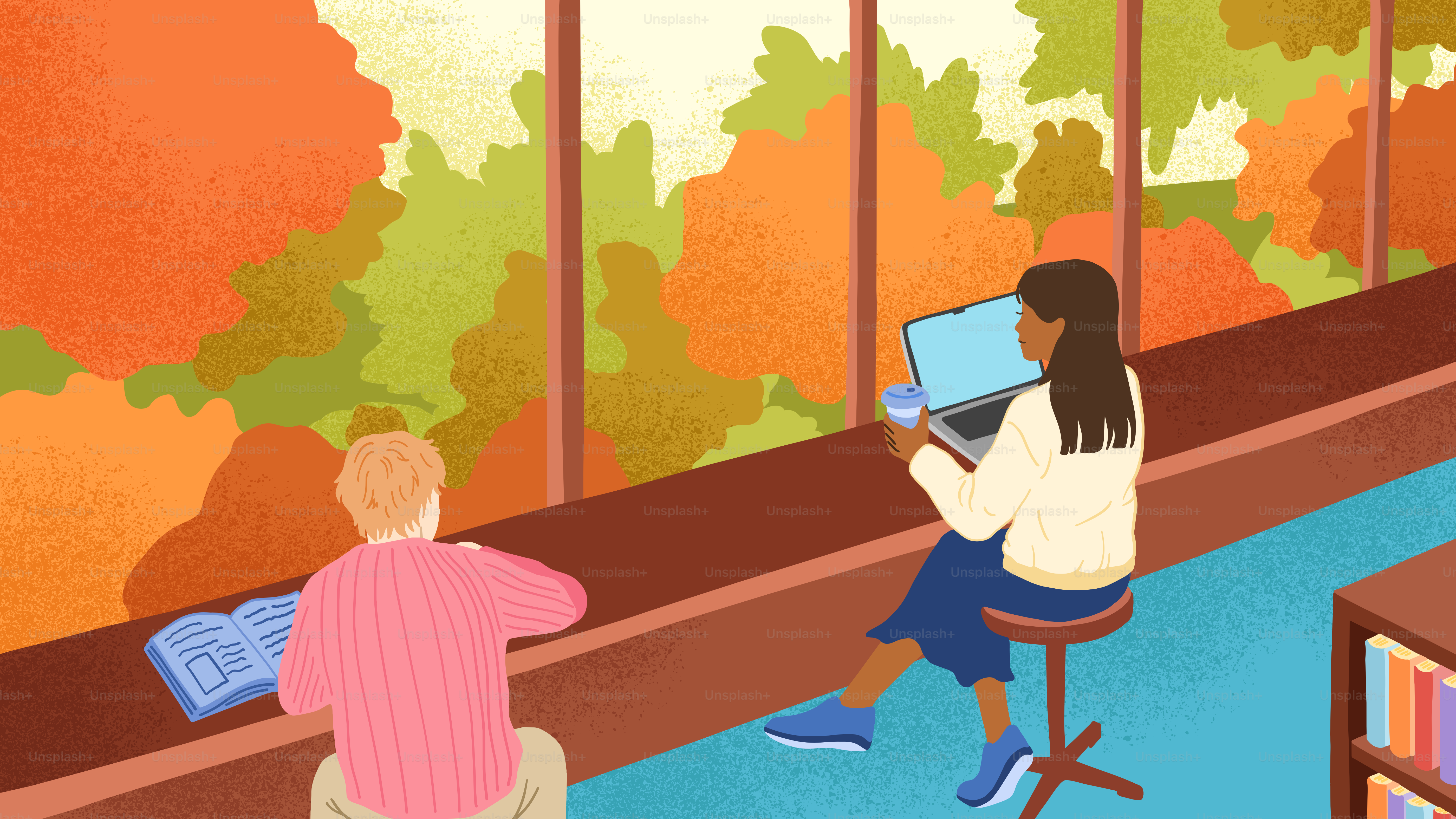 Menschen, die am Herbstfenster arbeiten und lesen,
