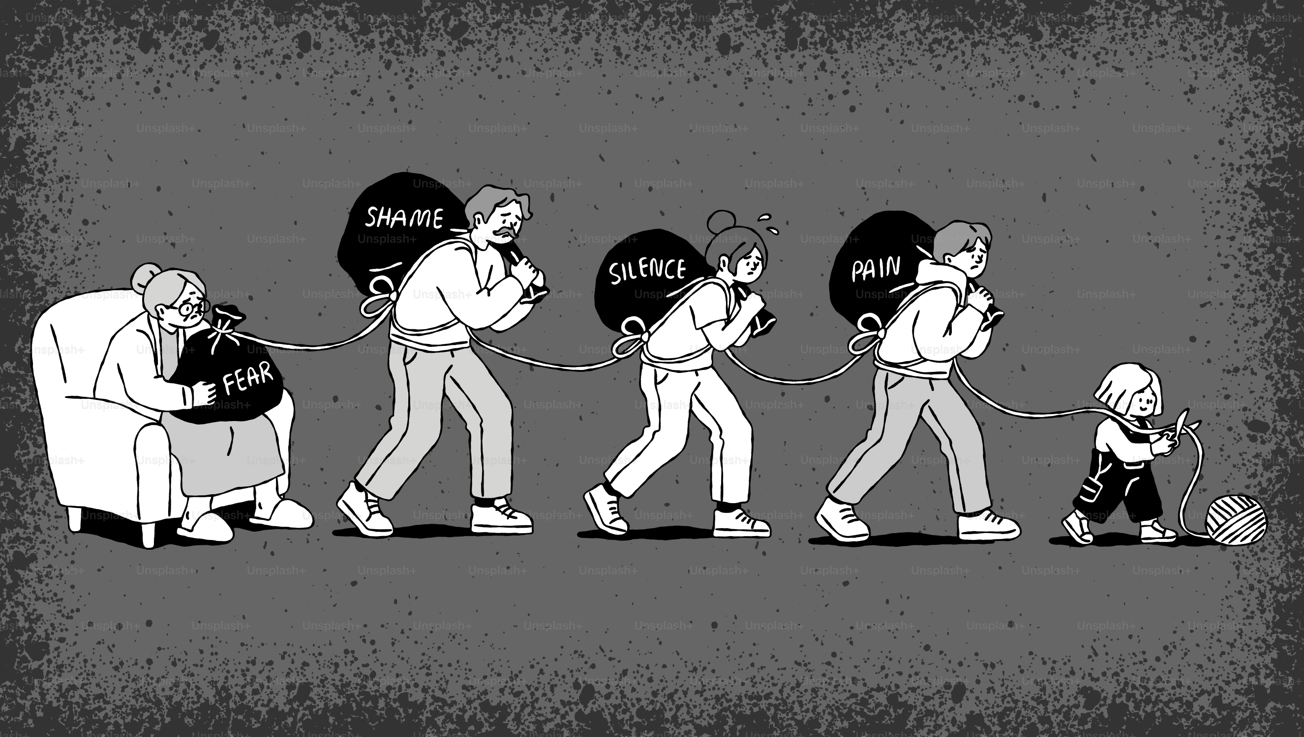 Generasi yang terhubung oleh tali, masing-masing memikul beban