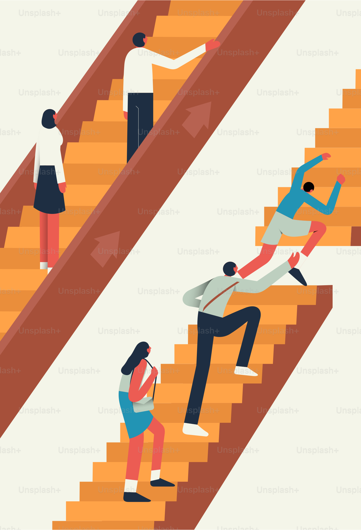 Des gens montant des escalators et montant des escaliers