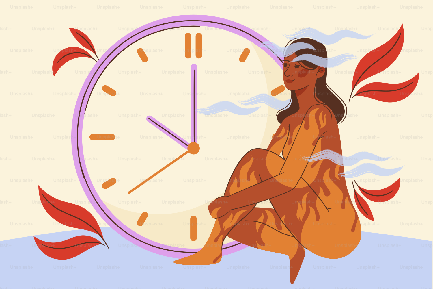 Woman with flame patterns and steam by a clock