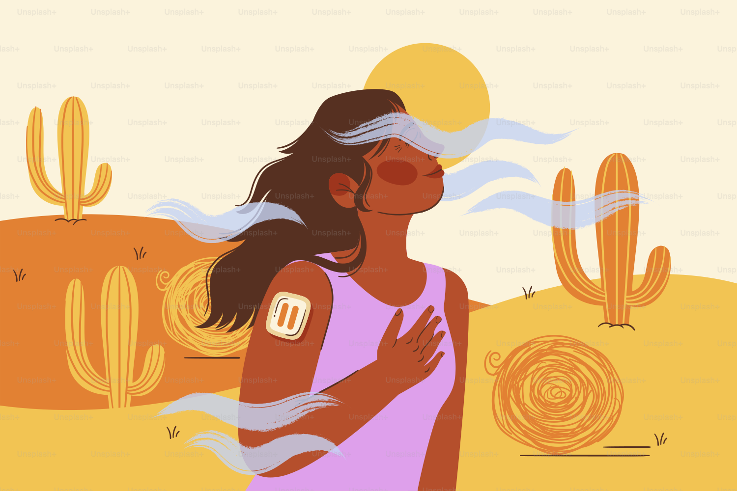 Woman with pause patch breathing deeply in arid desert
