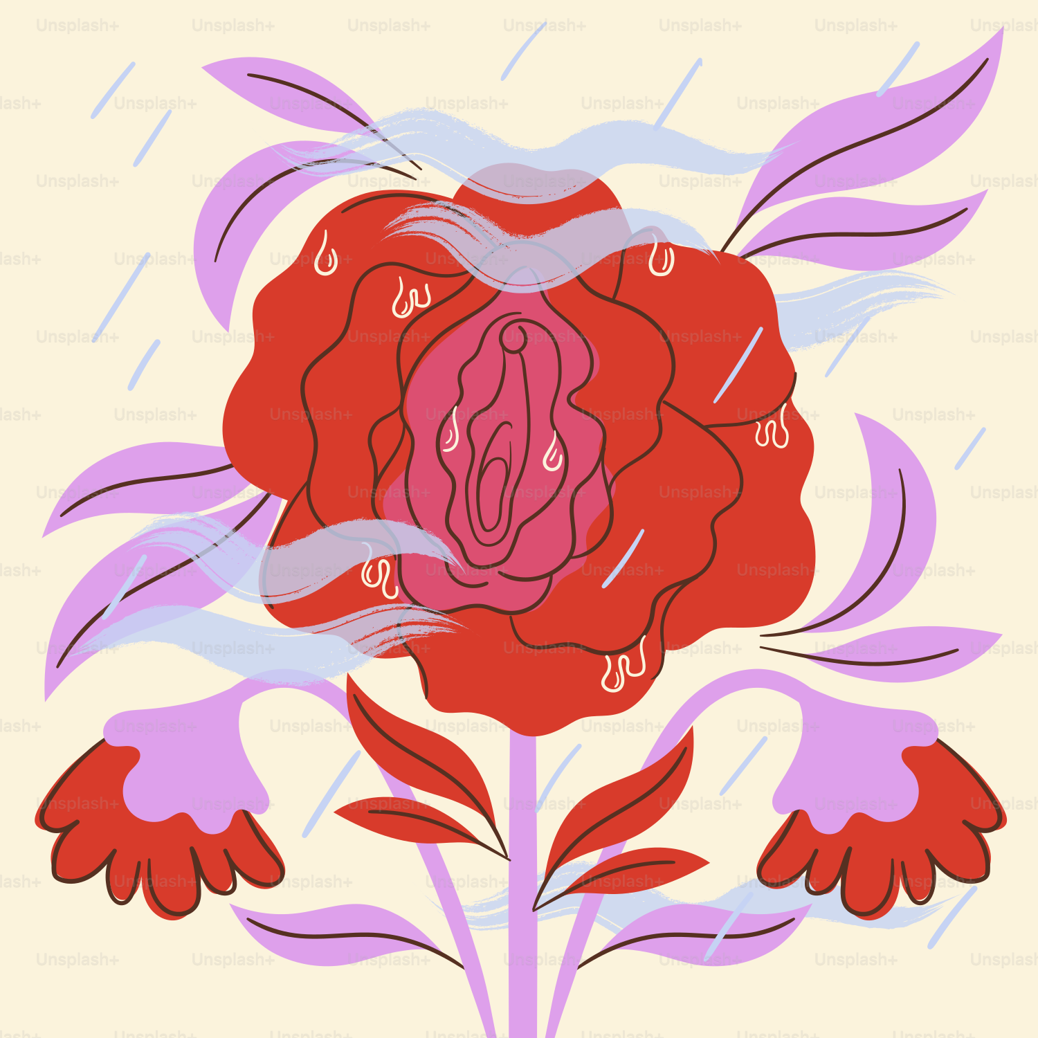 Stylized red flower with vulva and falling water