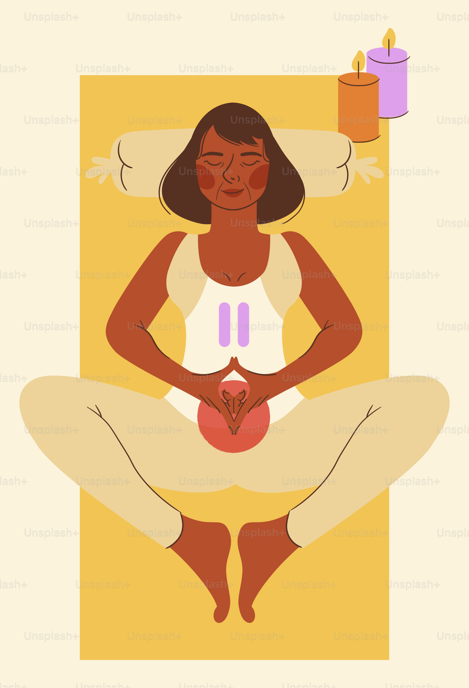 Woman meditating on yoga mat with lit candles