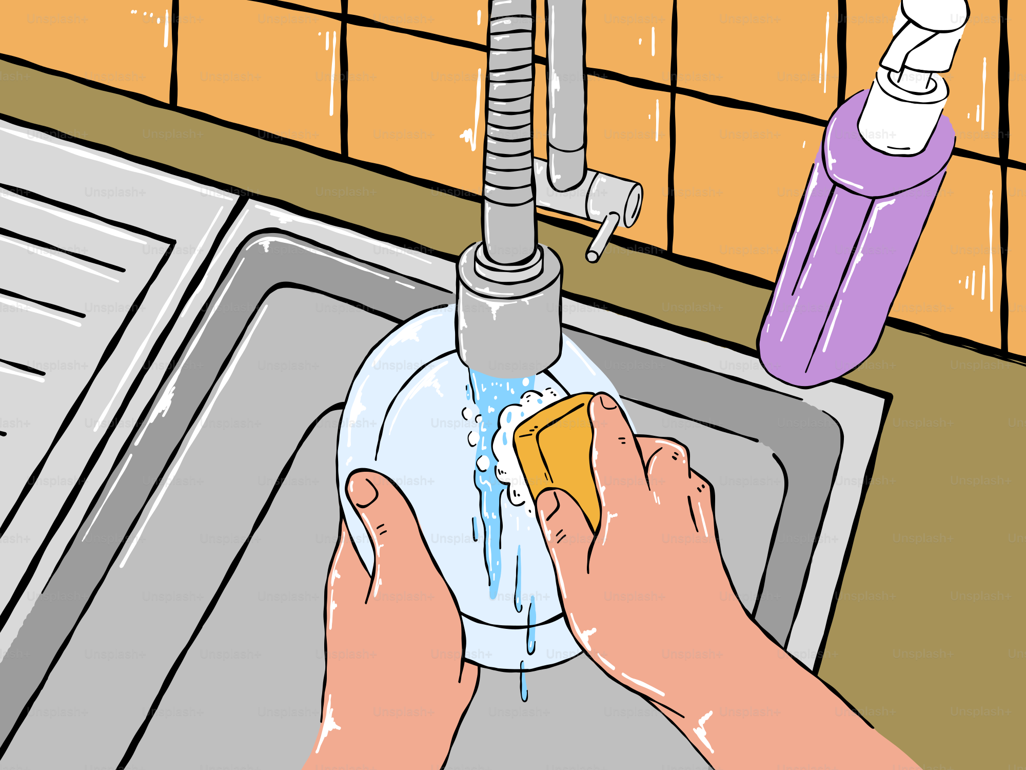 Hands scrubbing plate with sponge under running water