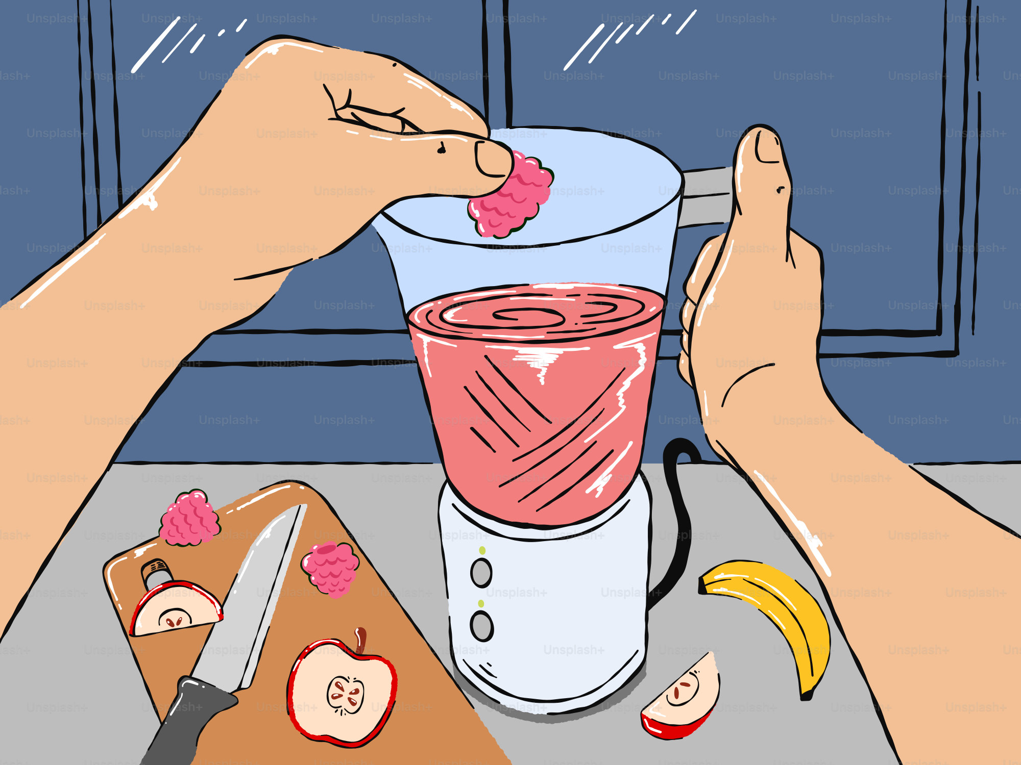 Hands preparing fruit smoothie with apples and banana