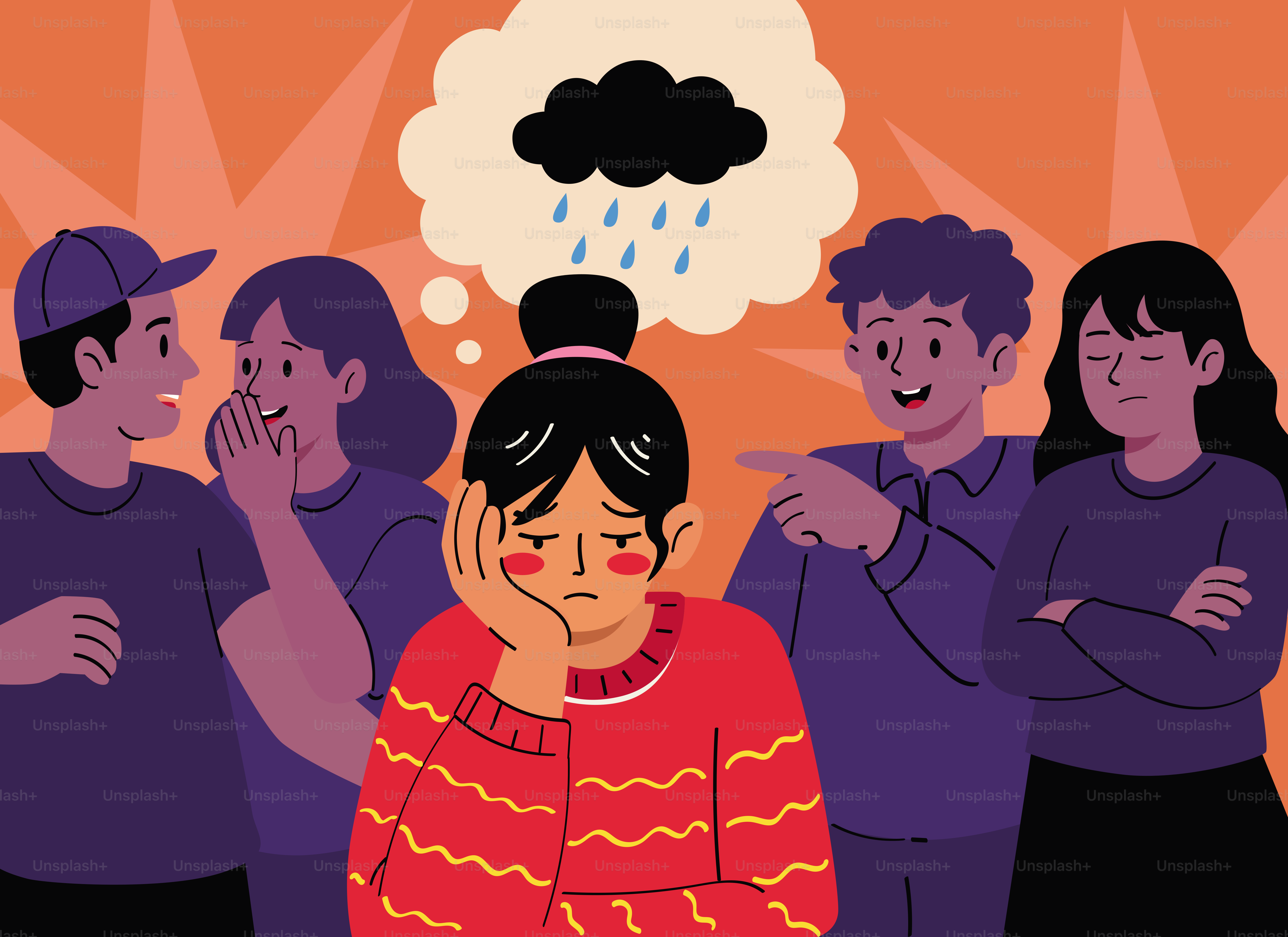 Traurige Person mit Regenwolke, umgeben von Mobbern