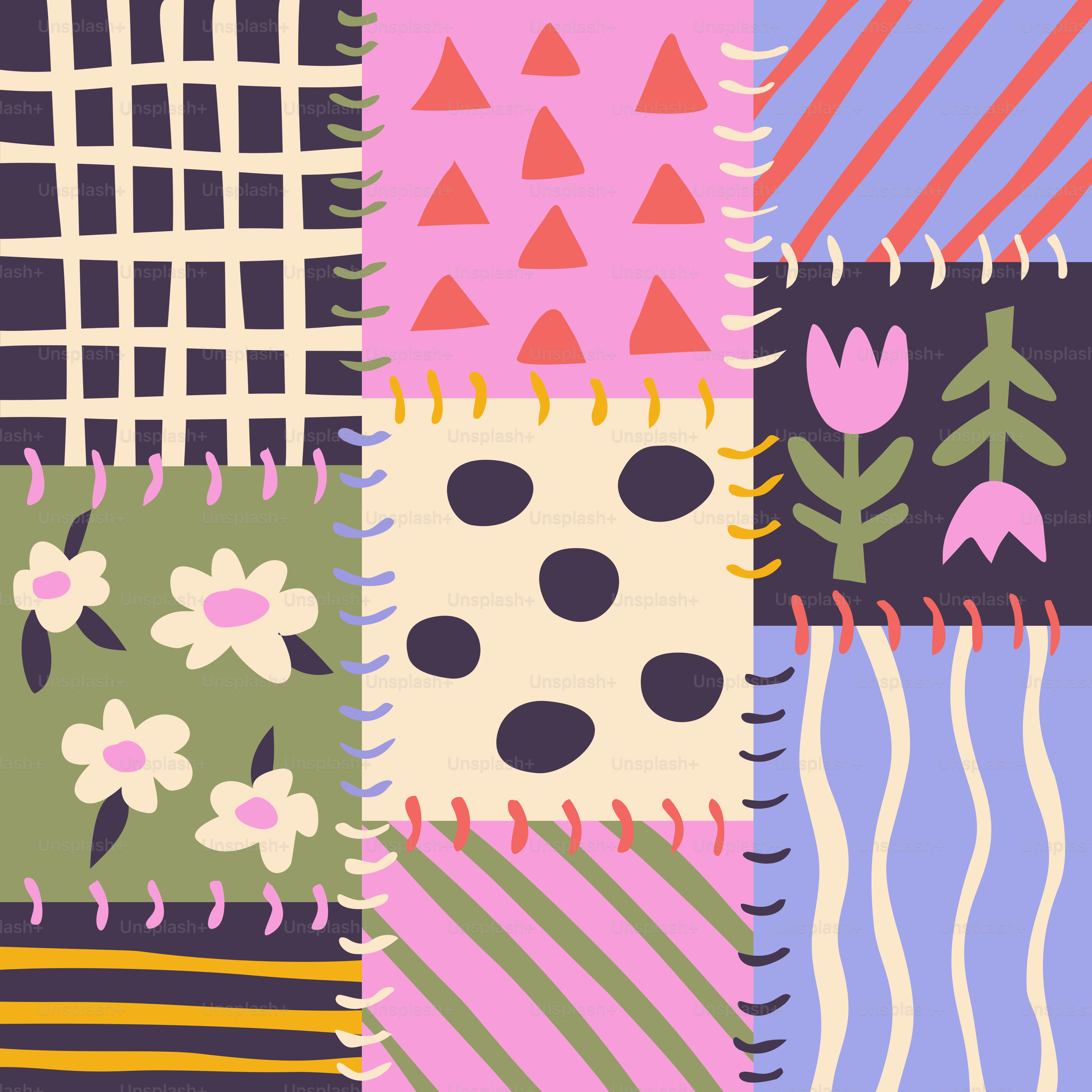 Buntes Patchwork-Gewebe mit verschiedenen Mustern und Stichen