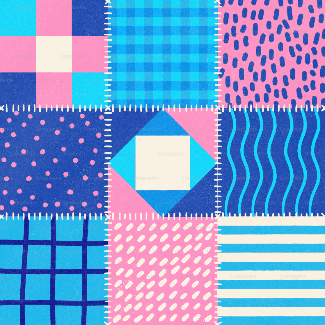 Buntes Patchwork-Raster mit verschiedenen blauen und rosa Mustern