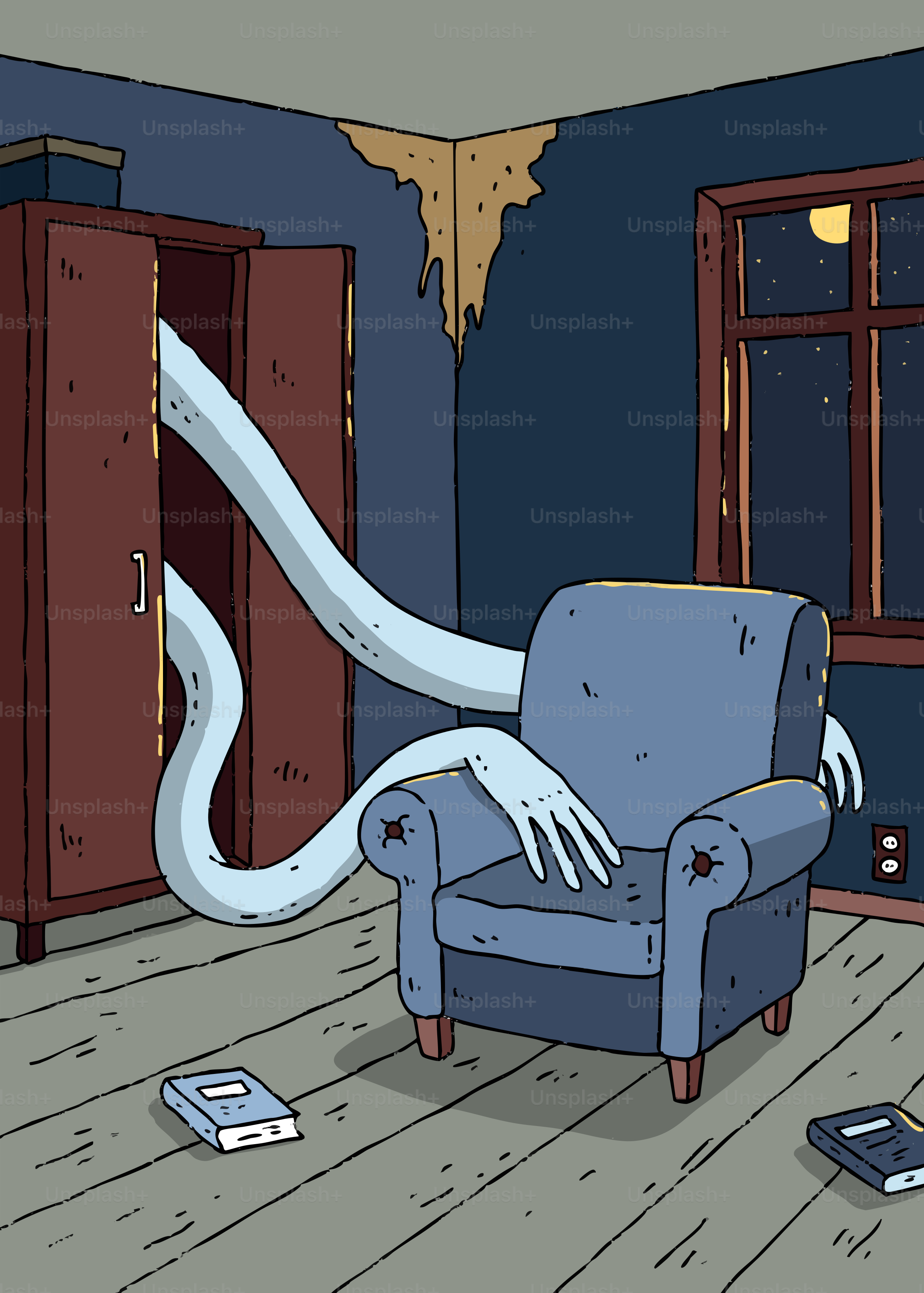 Main longue sortant de l’armoire dans une pièce sombre