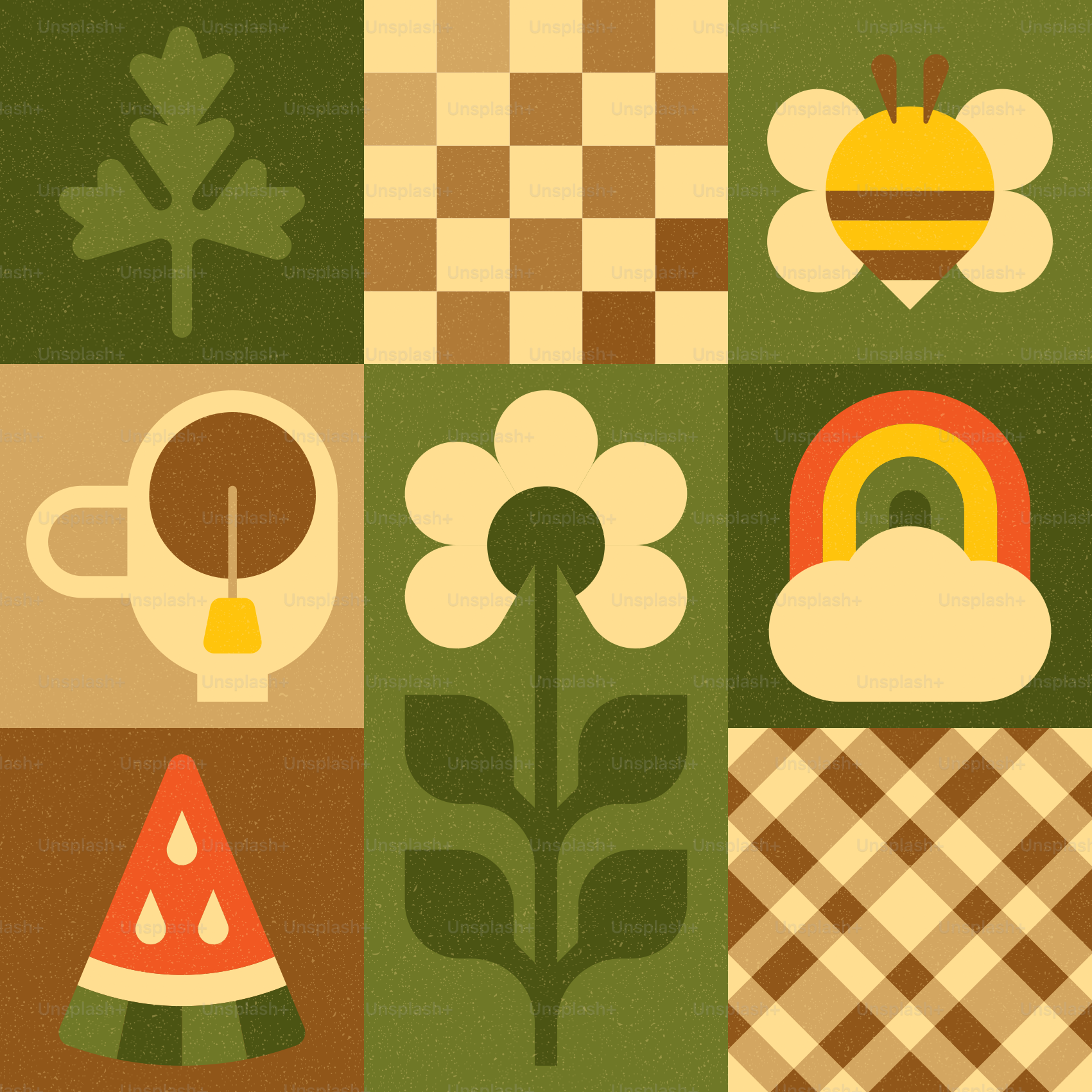 Motif matelassé avec des icônes de jardin : abeille, fleur, thé