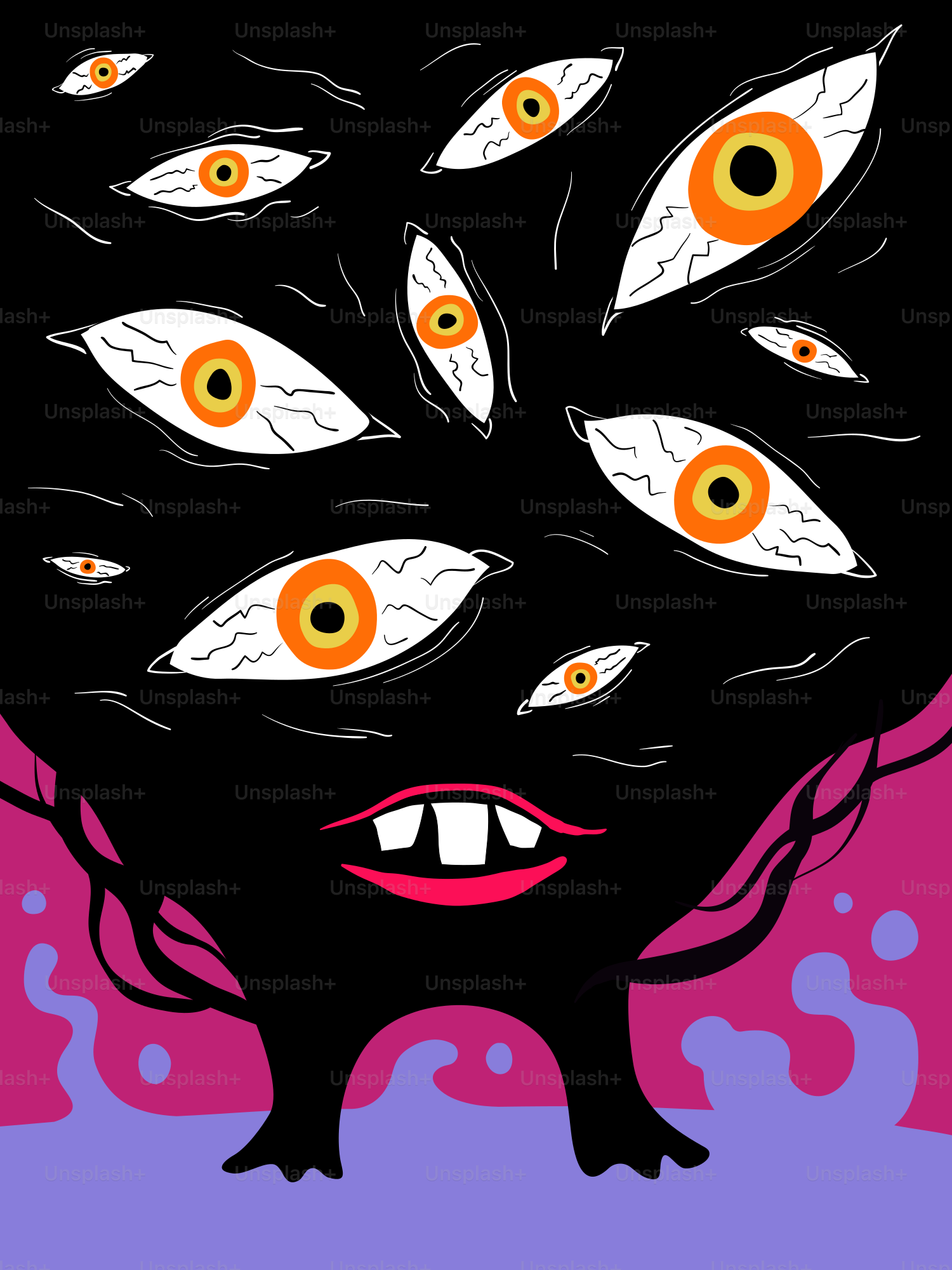 Une créature noire aux nombreux yeux et à la bouche sur un fond violet