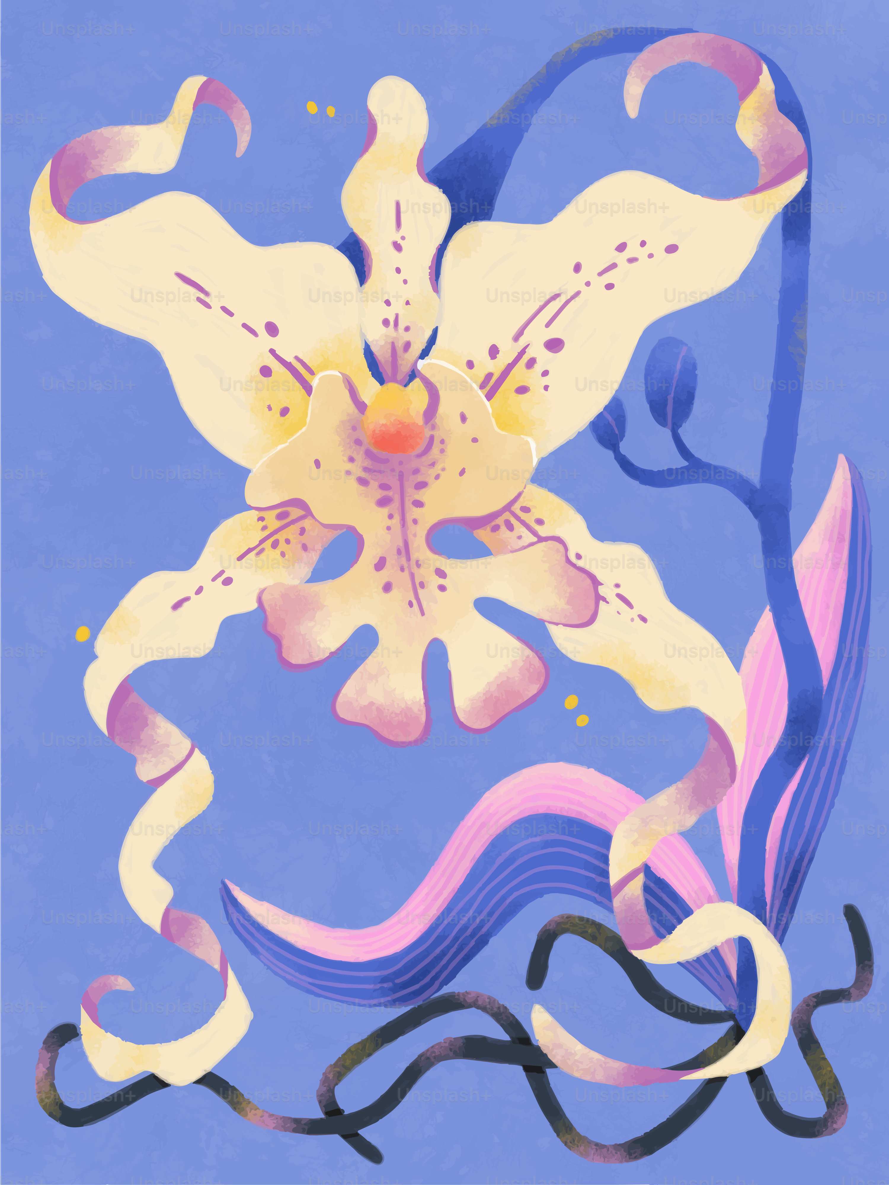 Eine blassgelbe Orchidee mit violetten Flecken vor einem einfarbig blauen Hintergrund